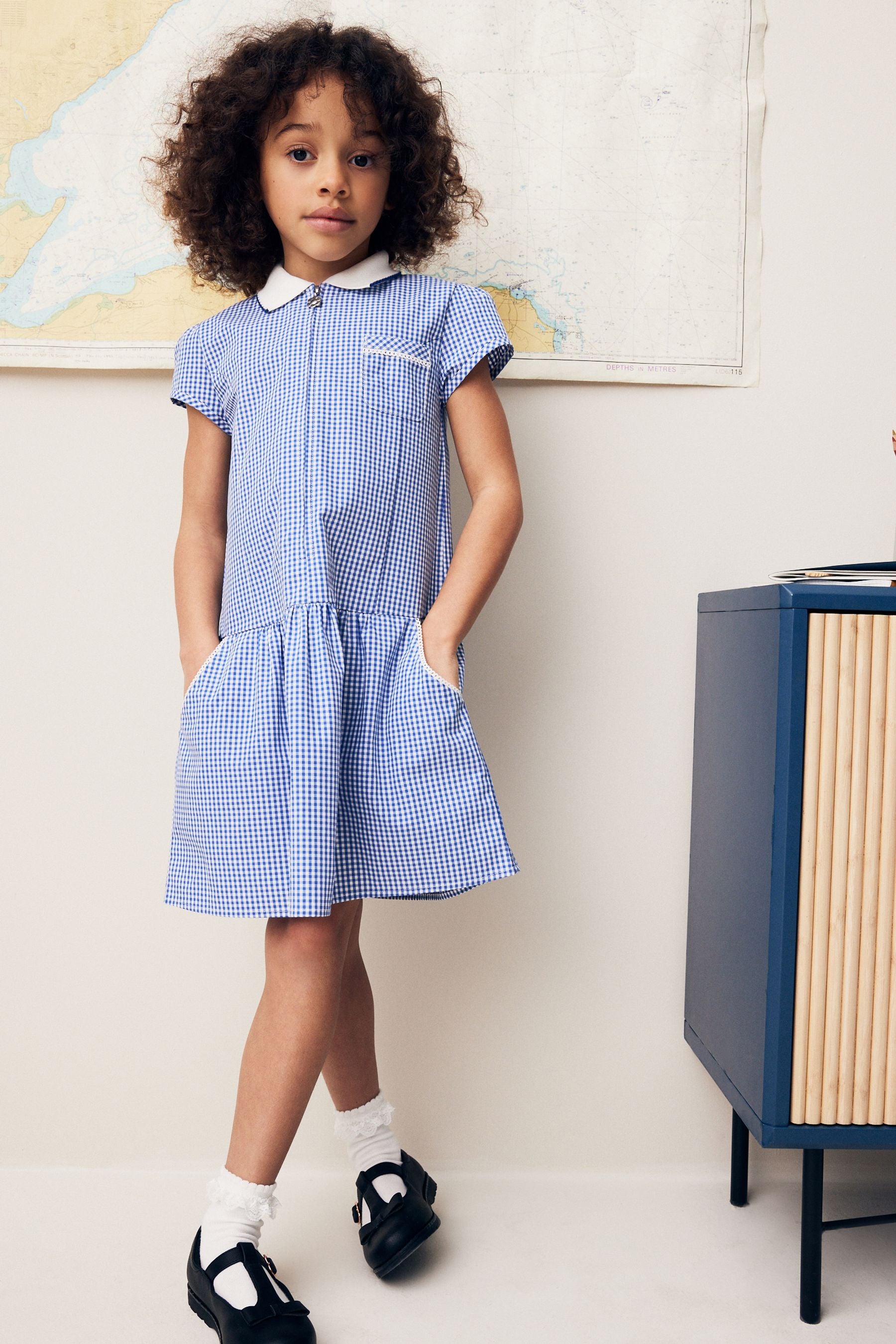 Mid Blue Zip Front Cotton Rich Gingham School Dress (3-14yrs)