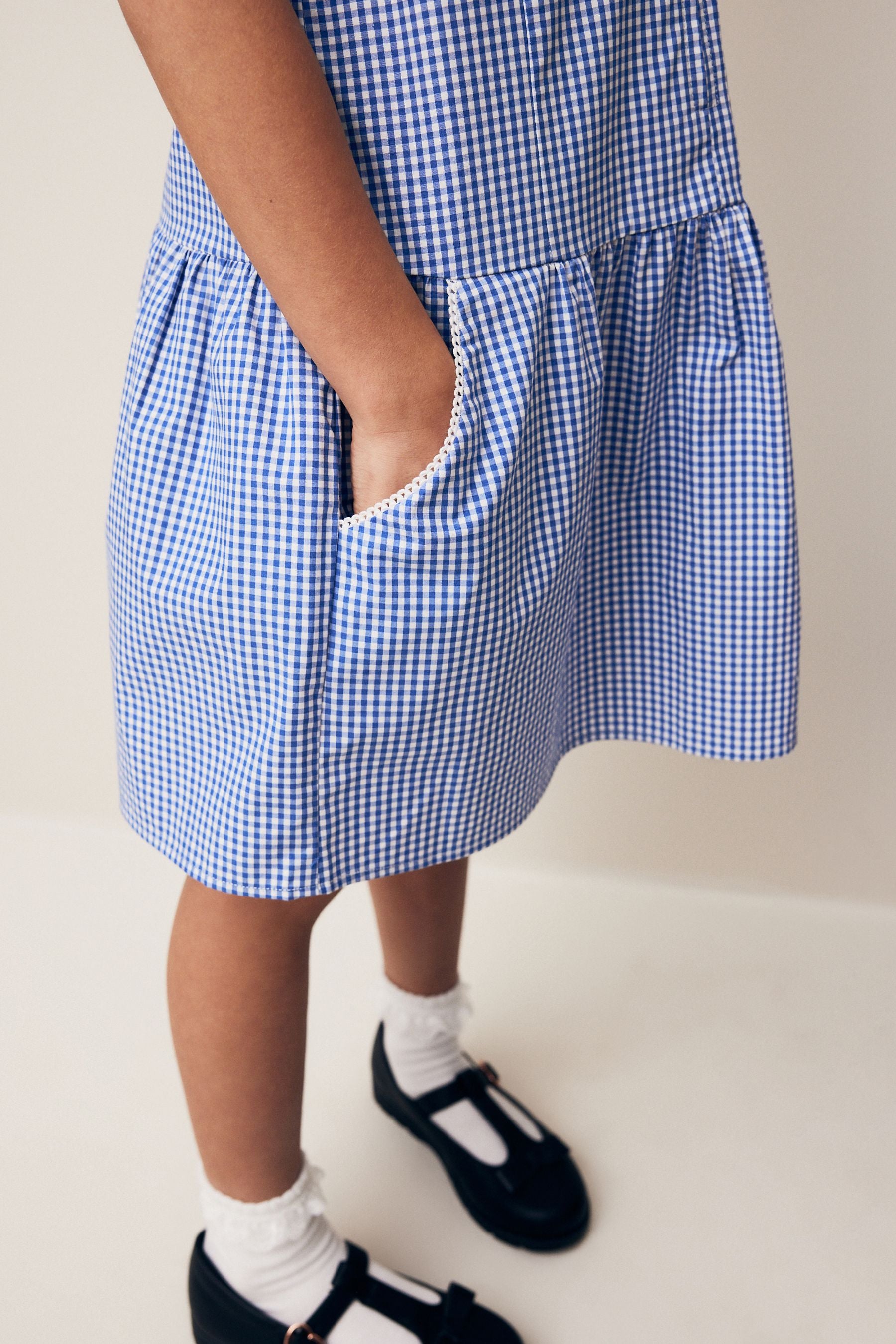 Mid Blue Zip Front Cotton Rich Gingham School Dress (3-14yrs)