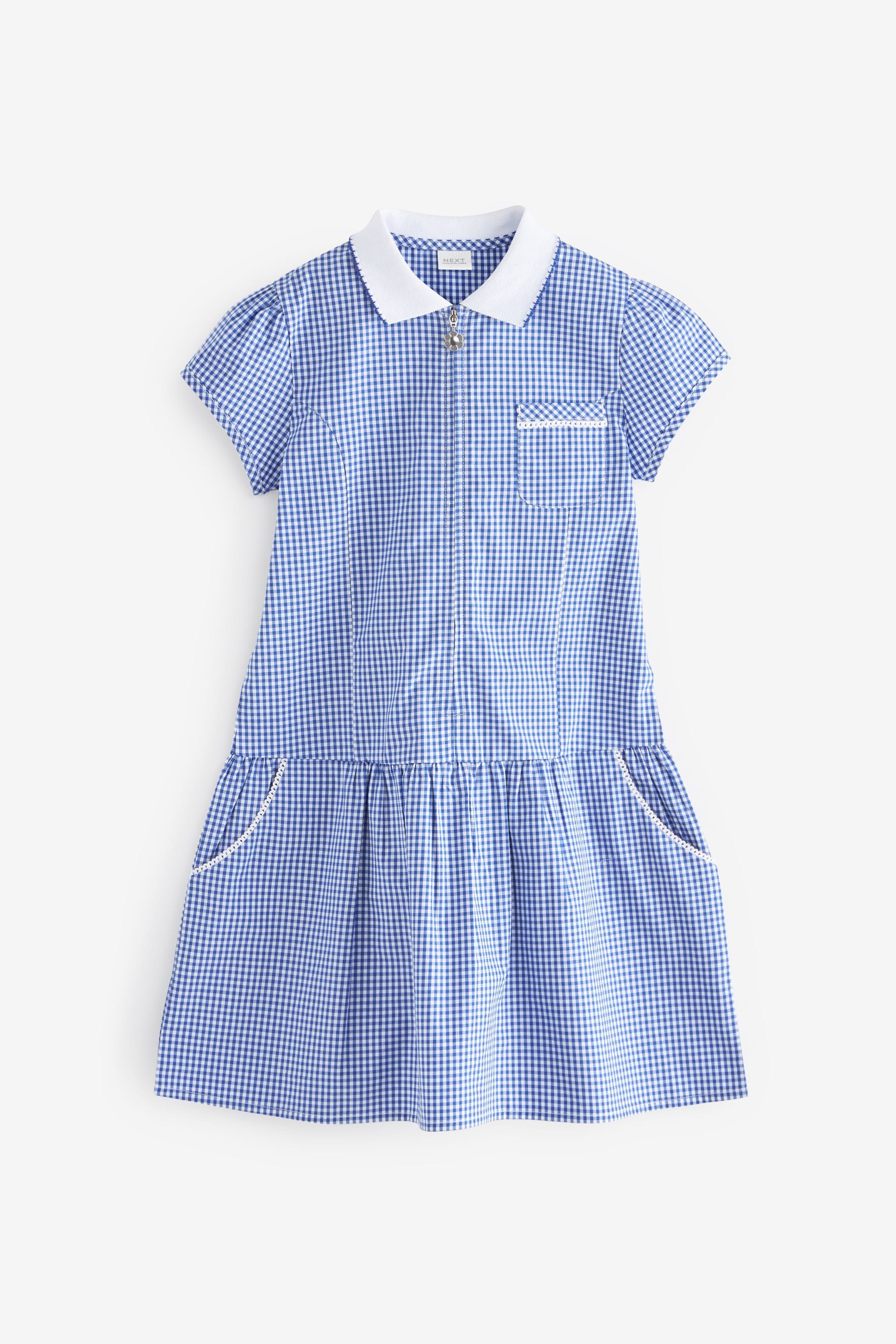 Mid Blue Zip Front Cotton Rich Gingham School Dress (3-14yrs)