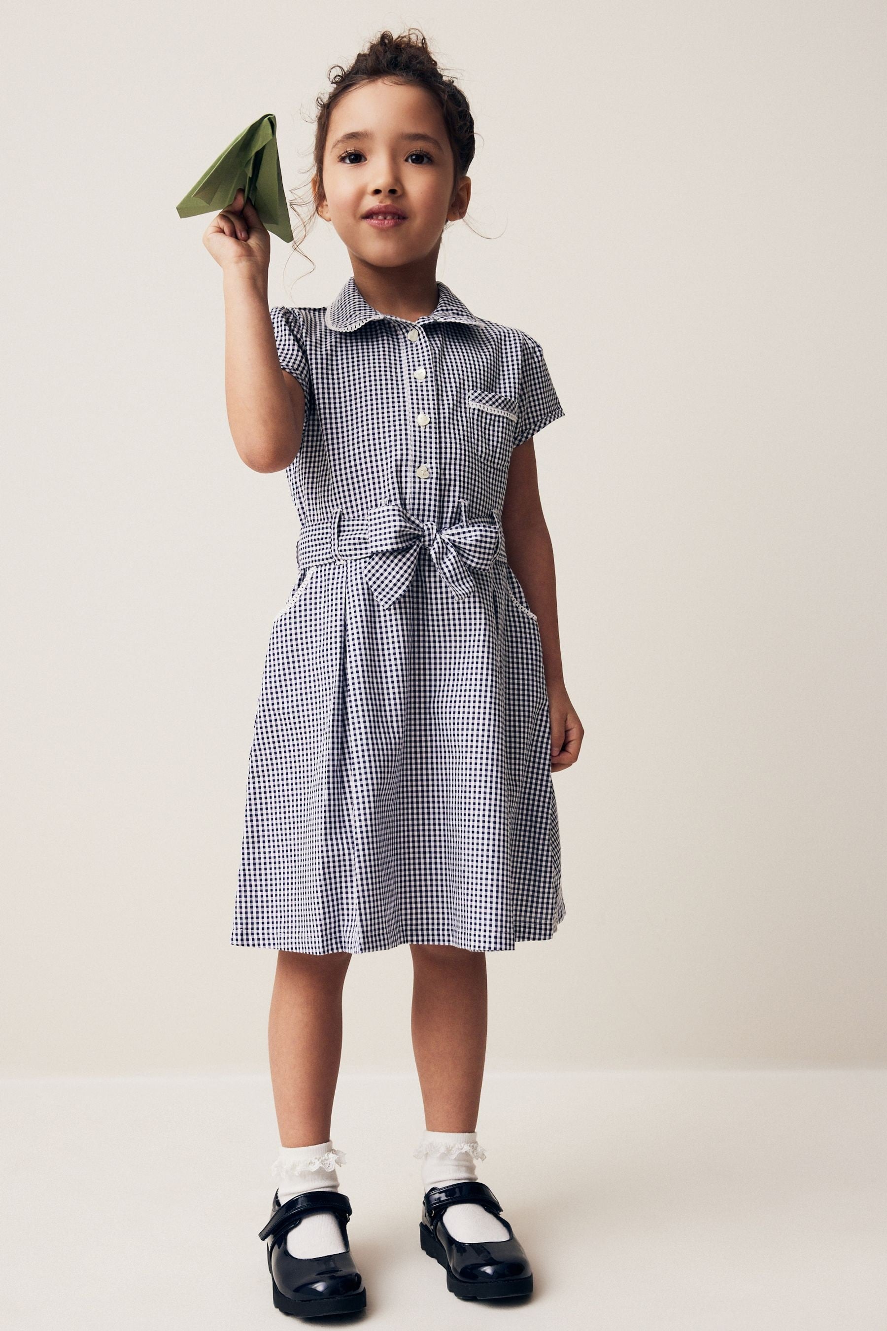 Navy Blue Gingham 100% Cotton Rich Belted School Dress With Scrunchie (3-14yrs)