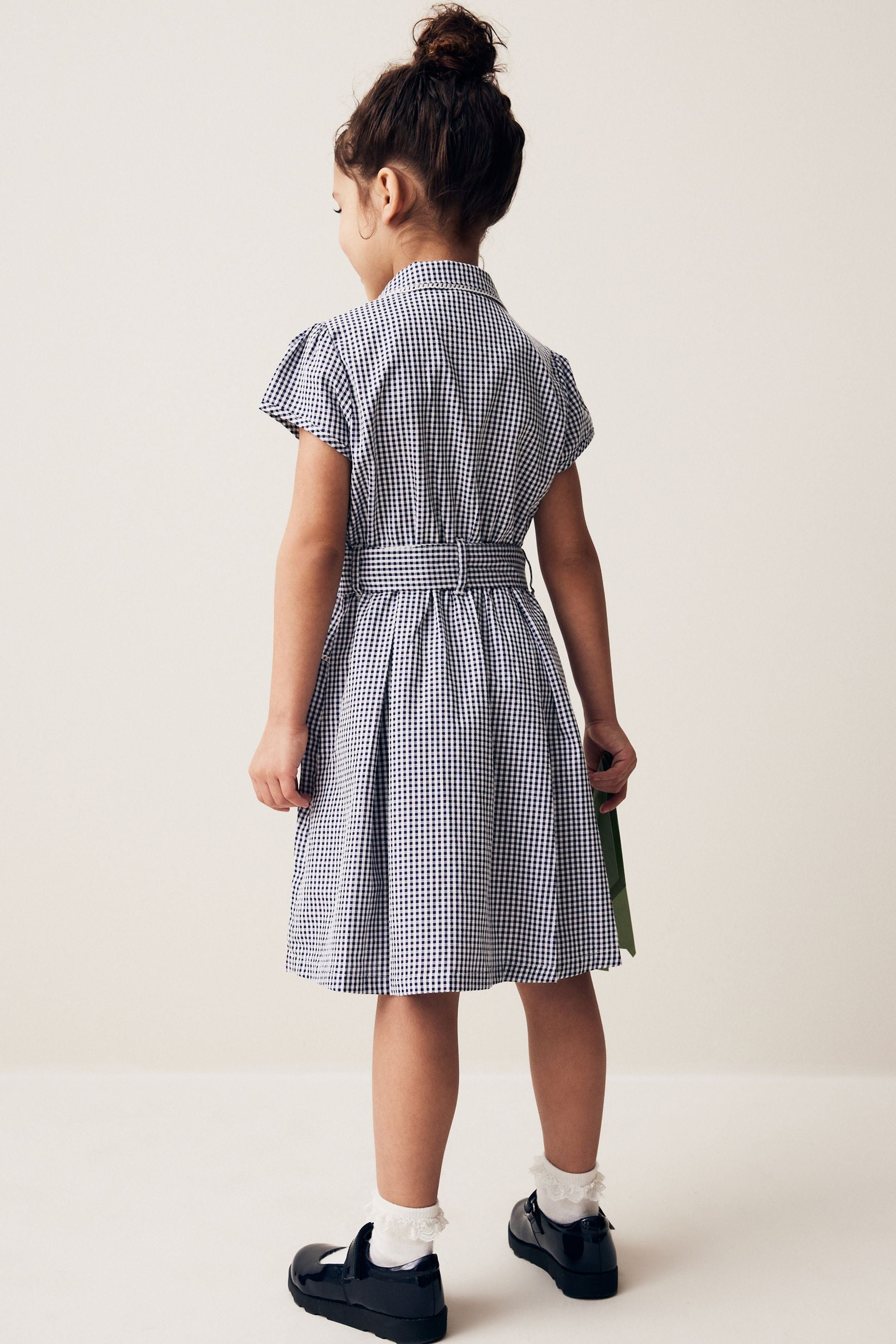 Navy Blue Gingham 100% Cotton Rich Belted School Dress With Scrunchie (3-14yrs)