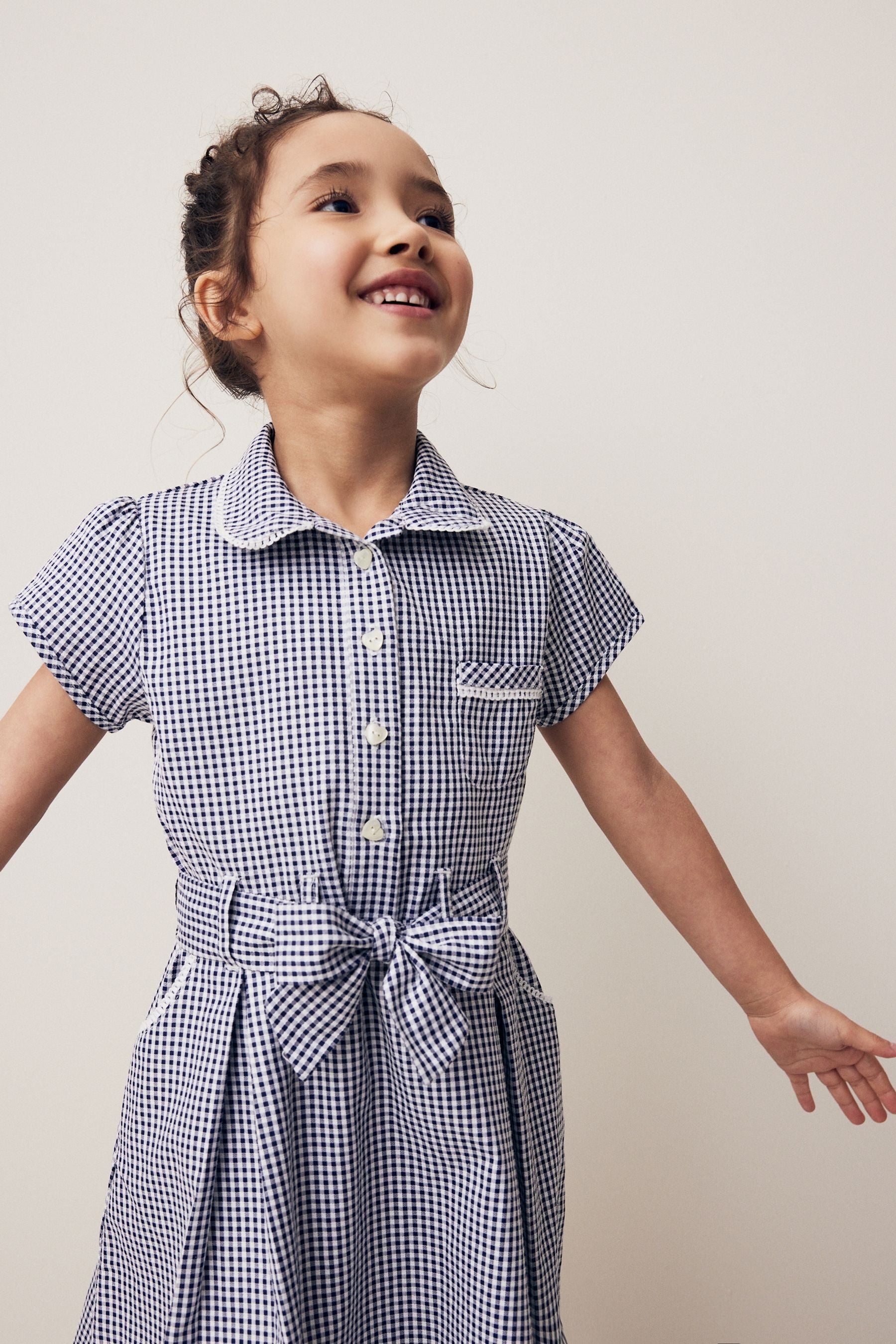 Navy Blue Gingham 100% Cotton Rich Belted School Dress With Scrunchie (3-14yrs)