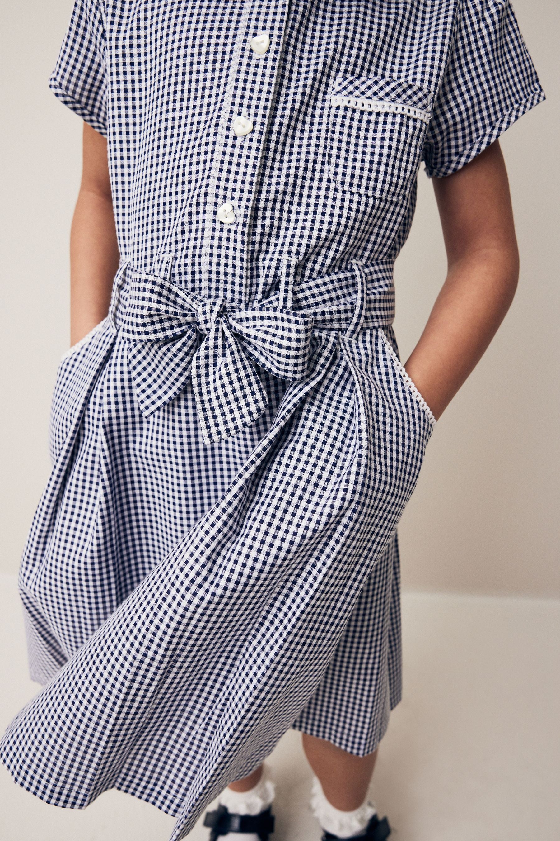 Navy Blue Gingham 100% Cotton Rich Belted School Dress With Scrunchie (3-14yrs)