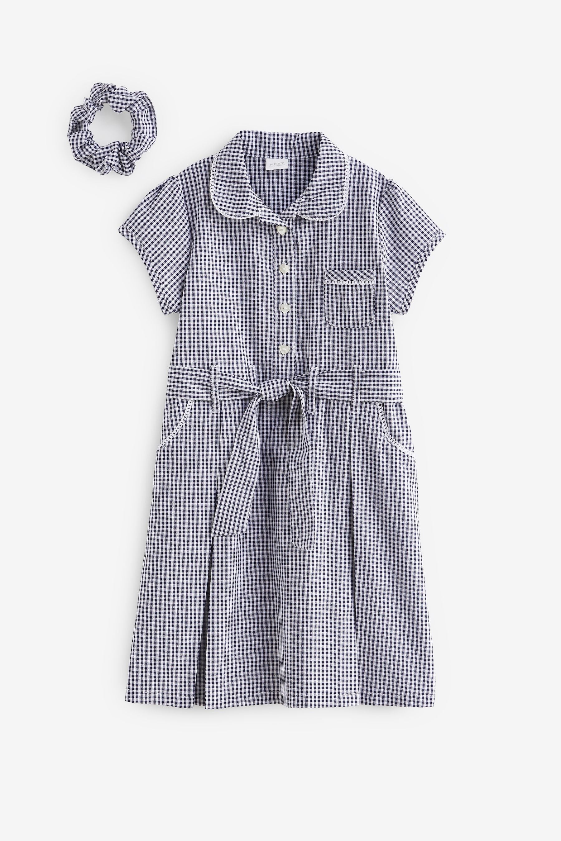 Navy Blue Gingham 100% Cotton Rich Belted School Dress With Scrunchie (3-14yrs)