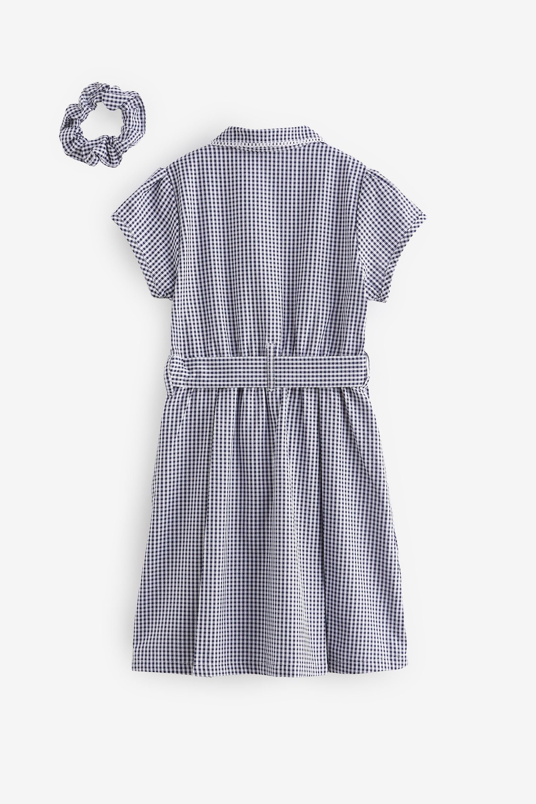 Navy Blue Gingham 100% Cotton Rich Belted School Dress With Scrunchie (3-14yrs)