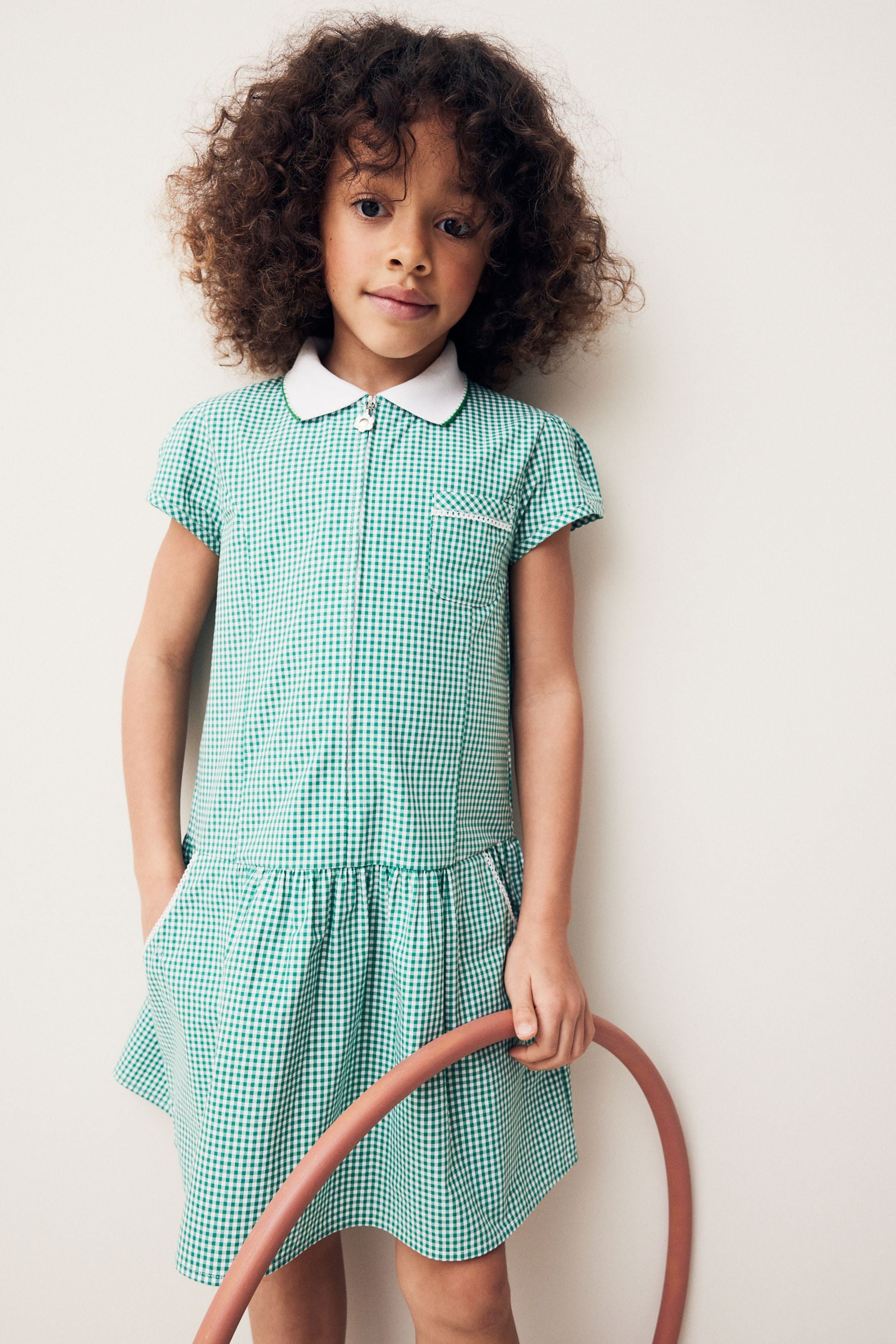 Green Cotton Rich School Gingham Zip Dress (3-14yrs)