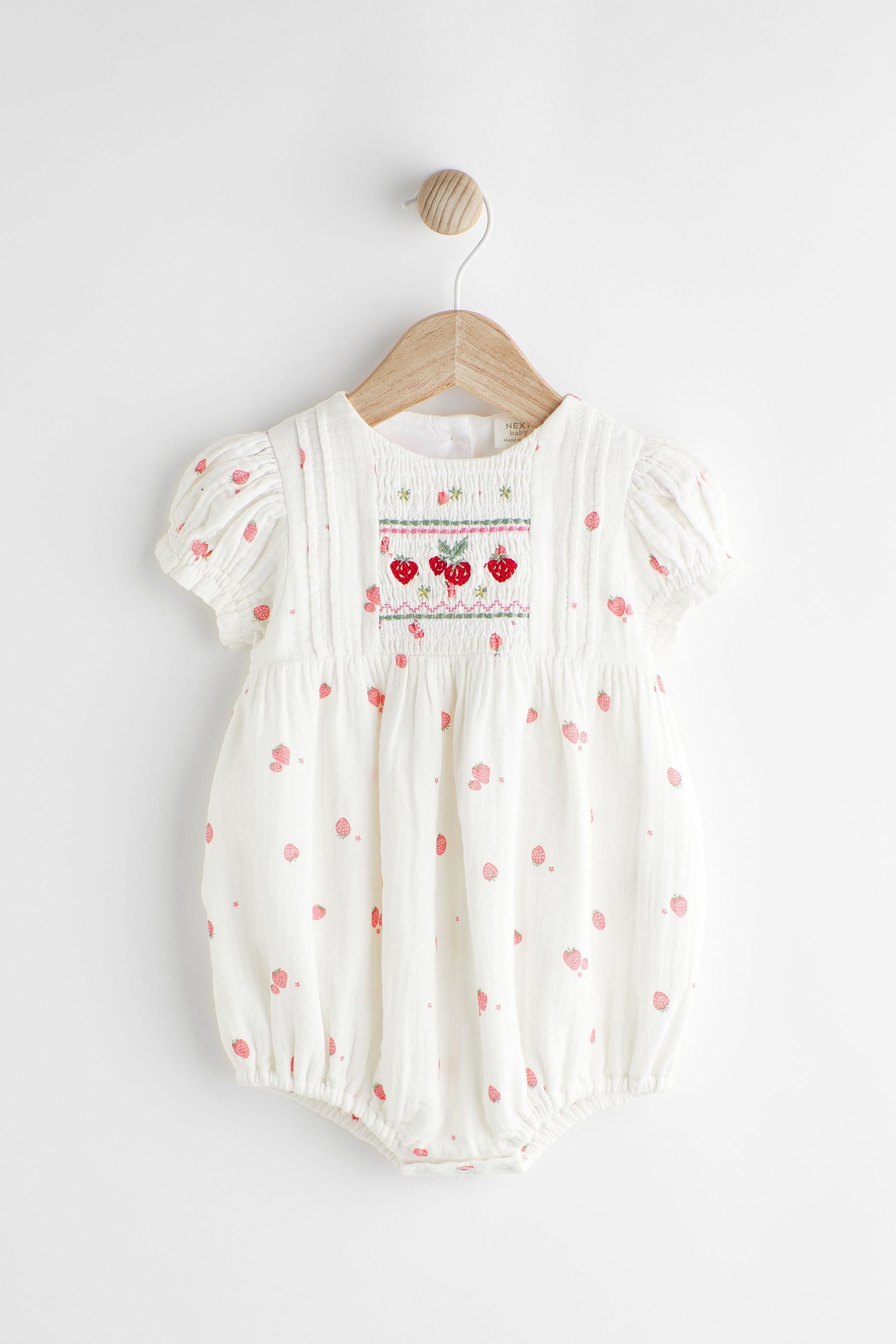 White Embroidered Strawberries Bloomer Romper (0mths-2yrs)