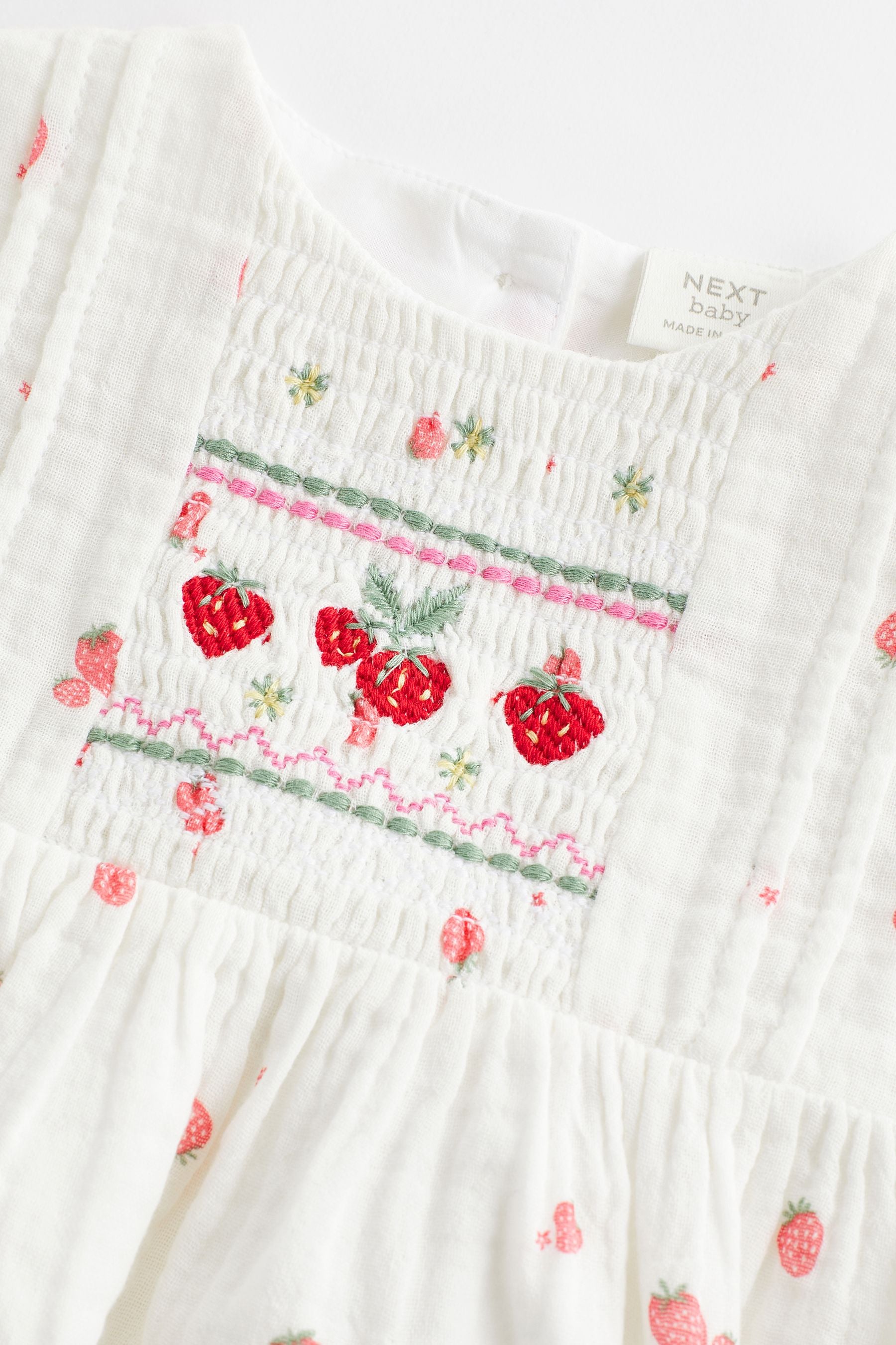 White Embroidered Strawberries Bloomer Romper (0mths-2yrs)