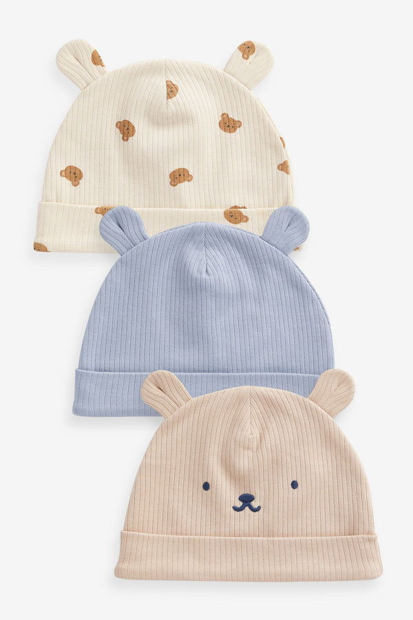 Neutral 3 Pack Baby Bear Ear Beanie Hats (0mths-2yrs)