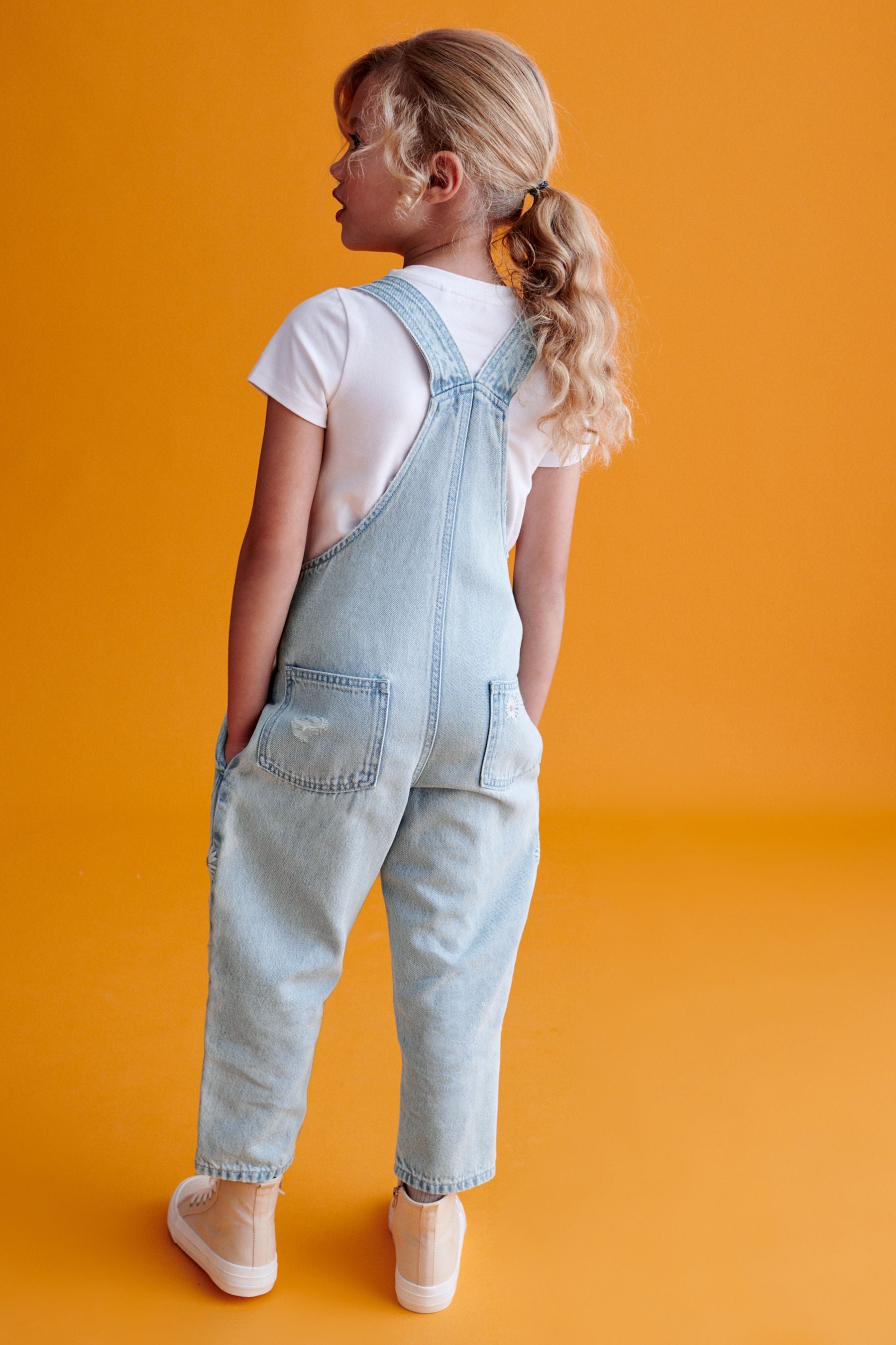 Light Blue Denim Daisy Embroidered Dungarees (3-16yrs)