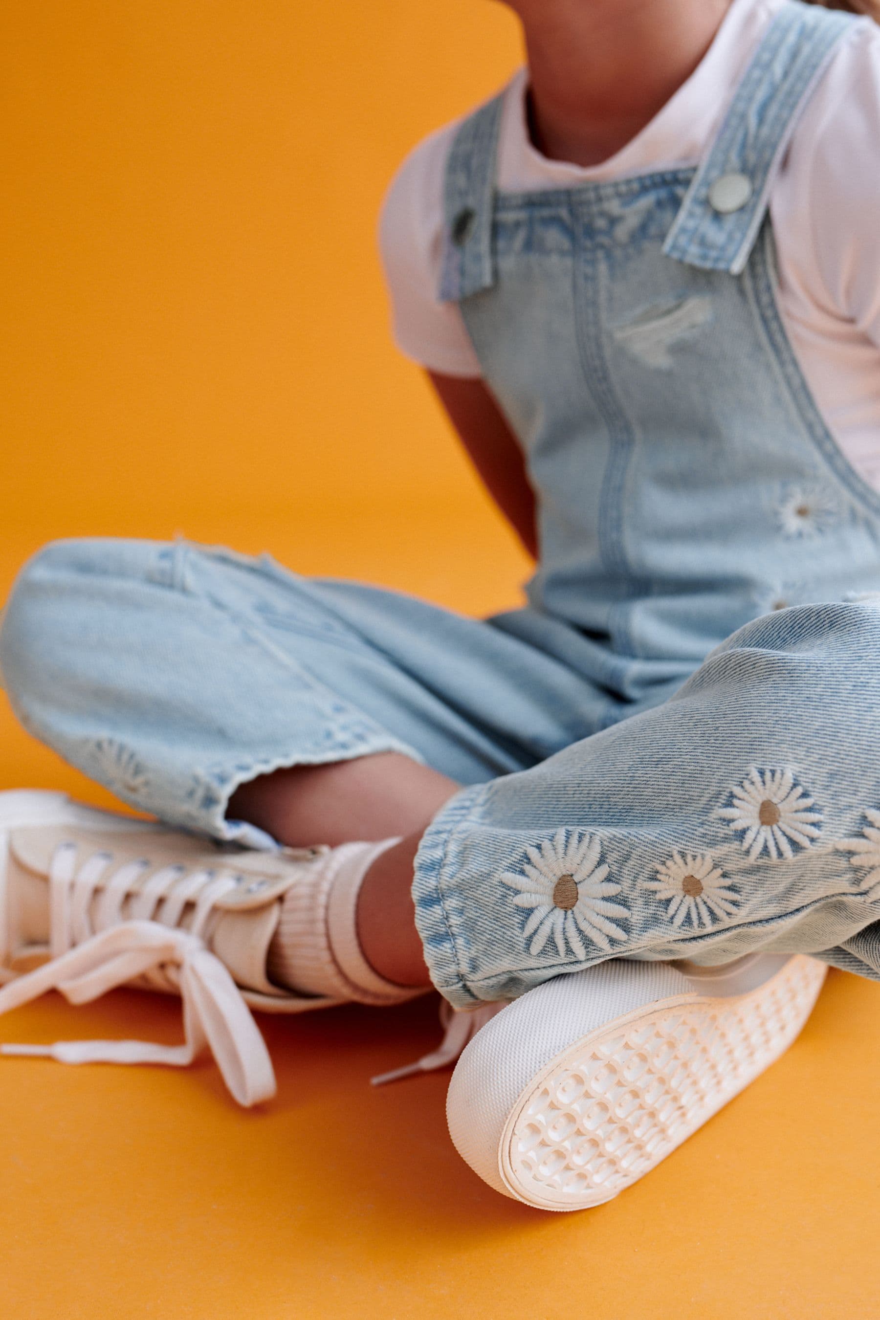 Light Blue Denim Daisy Embroidered Dungarees (3-16yrs)