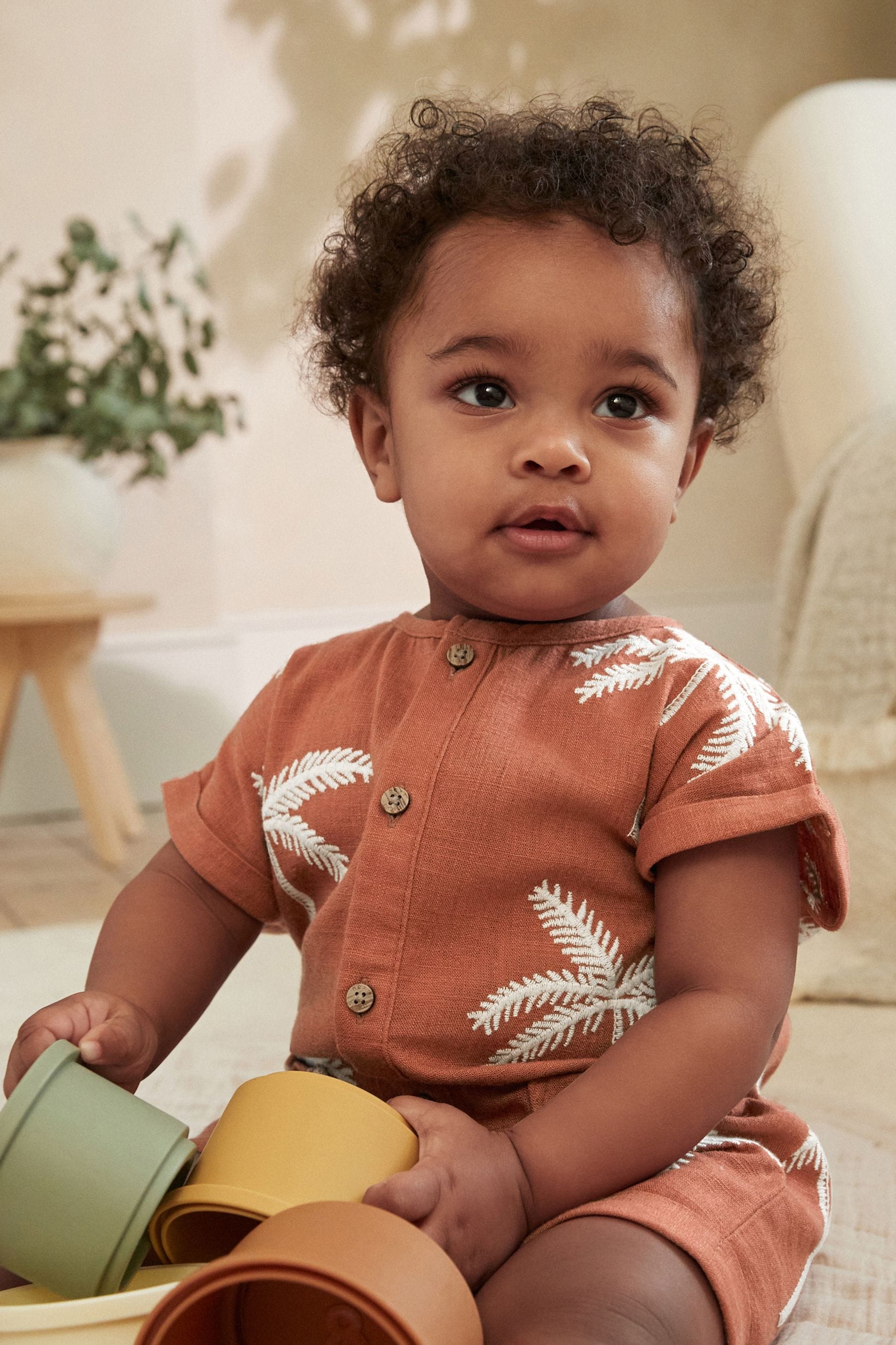 Rust Palm Tree Woven Baby Romper (0mths-2yrs)