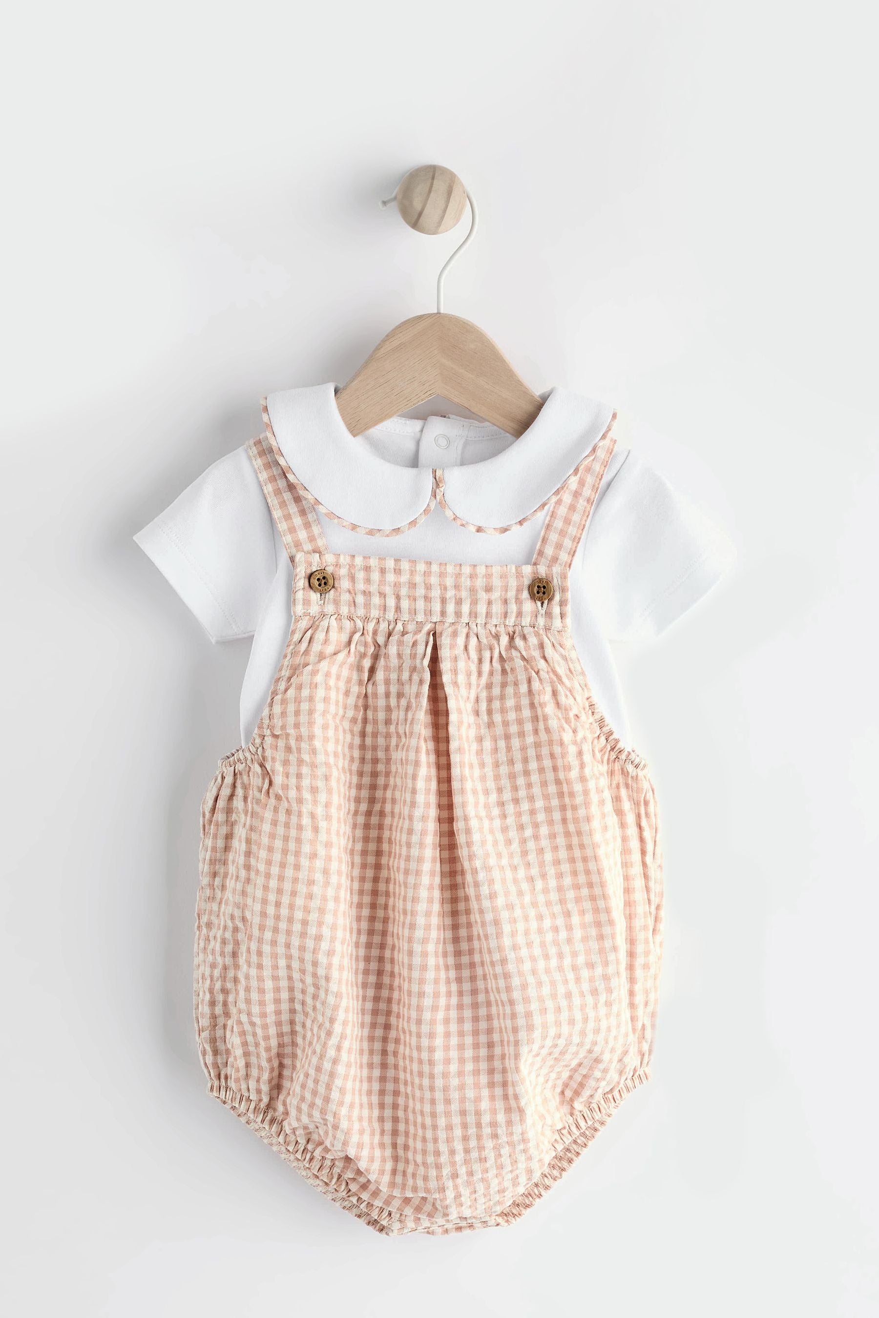 Neutral Gingham Woven Baby Bloomer Dungaree And Bodysuit Set (0mths-2yrs)