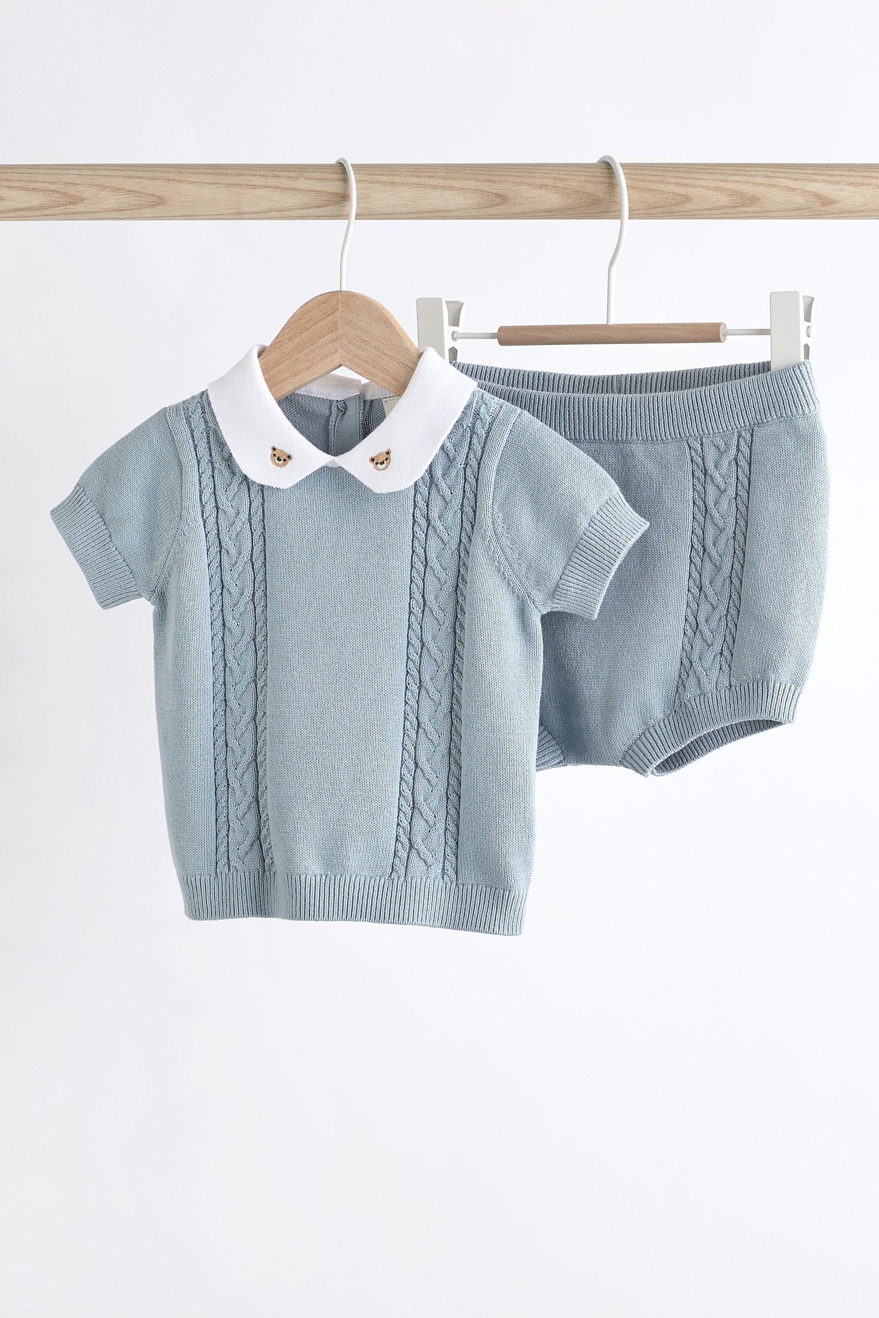 Blue Bear 100% Cotton Knitted Baby Top and Bloomer Short Set (0mths-2yrs)