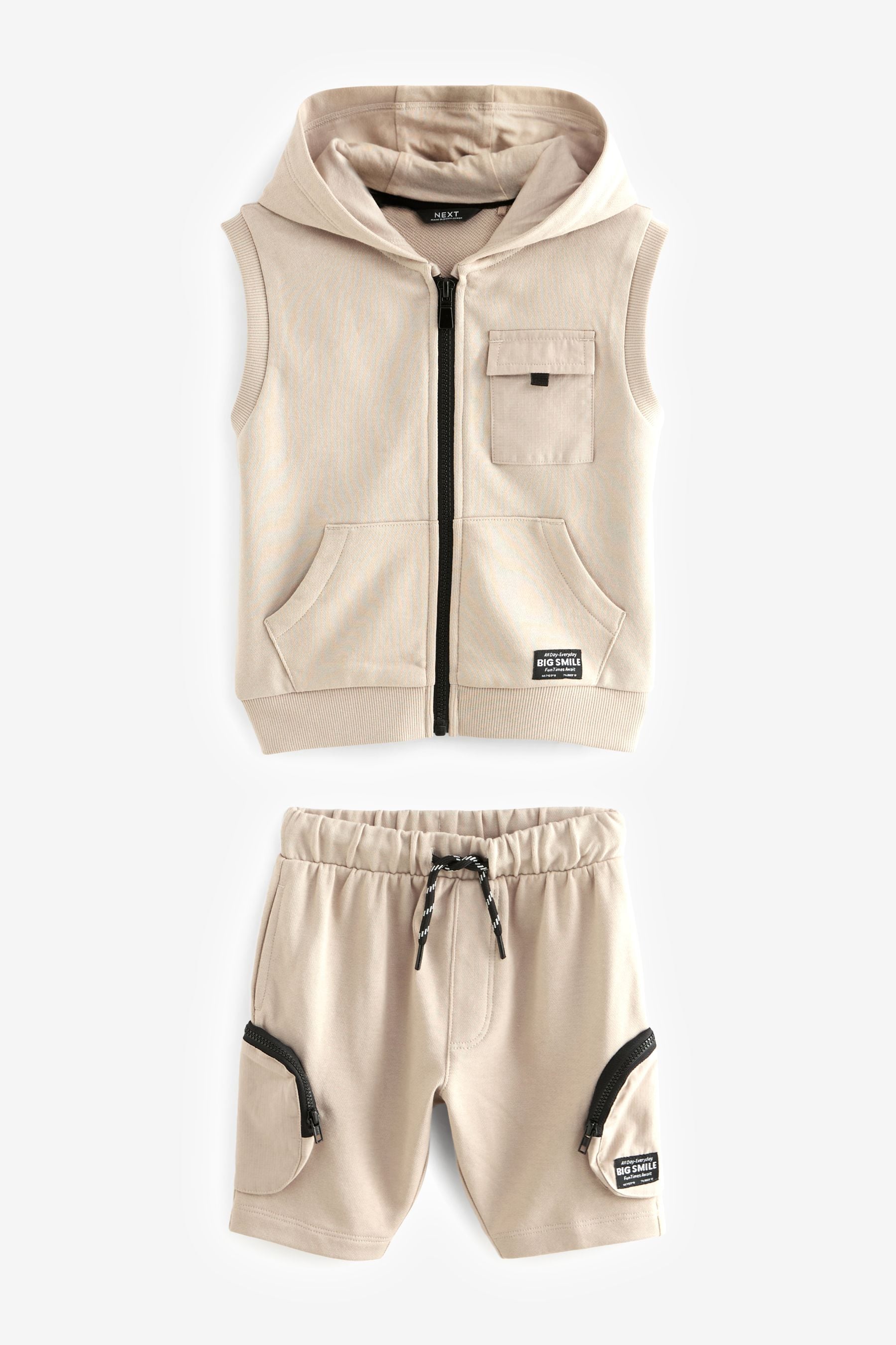 Beige 100% Cotton Hoodie Gilet and Shorts Set (3mths-7yrs)