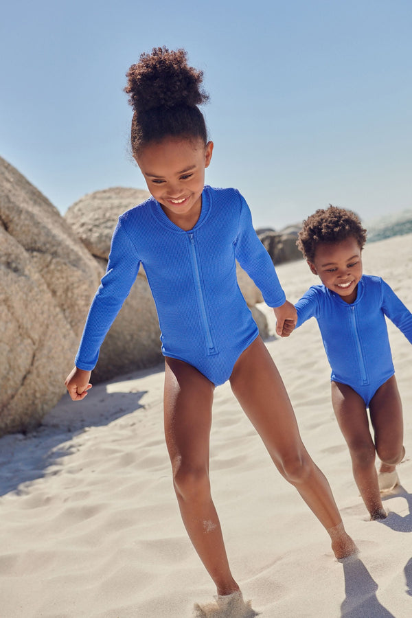 Blue Long Sleeve Textured Swimsuit (3mths-16yrs)