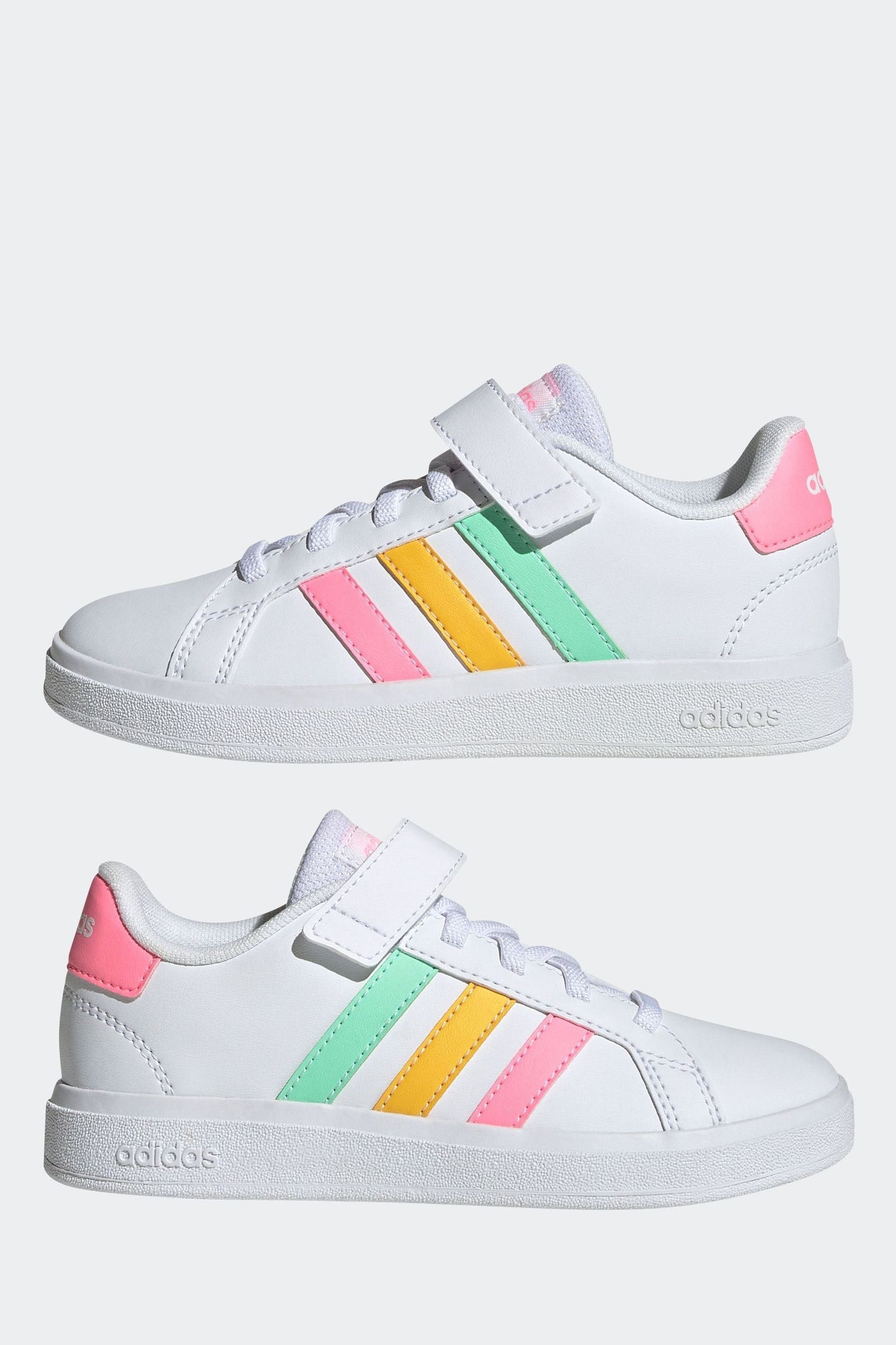 adidas White/Pink Grand Court Elastic Lace and Top Strap Trainers