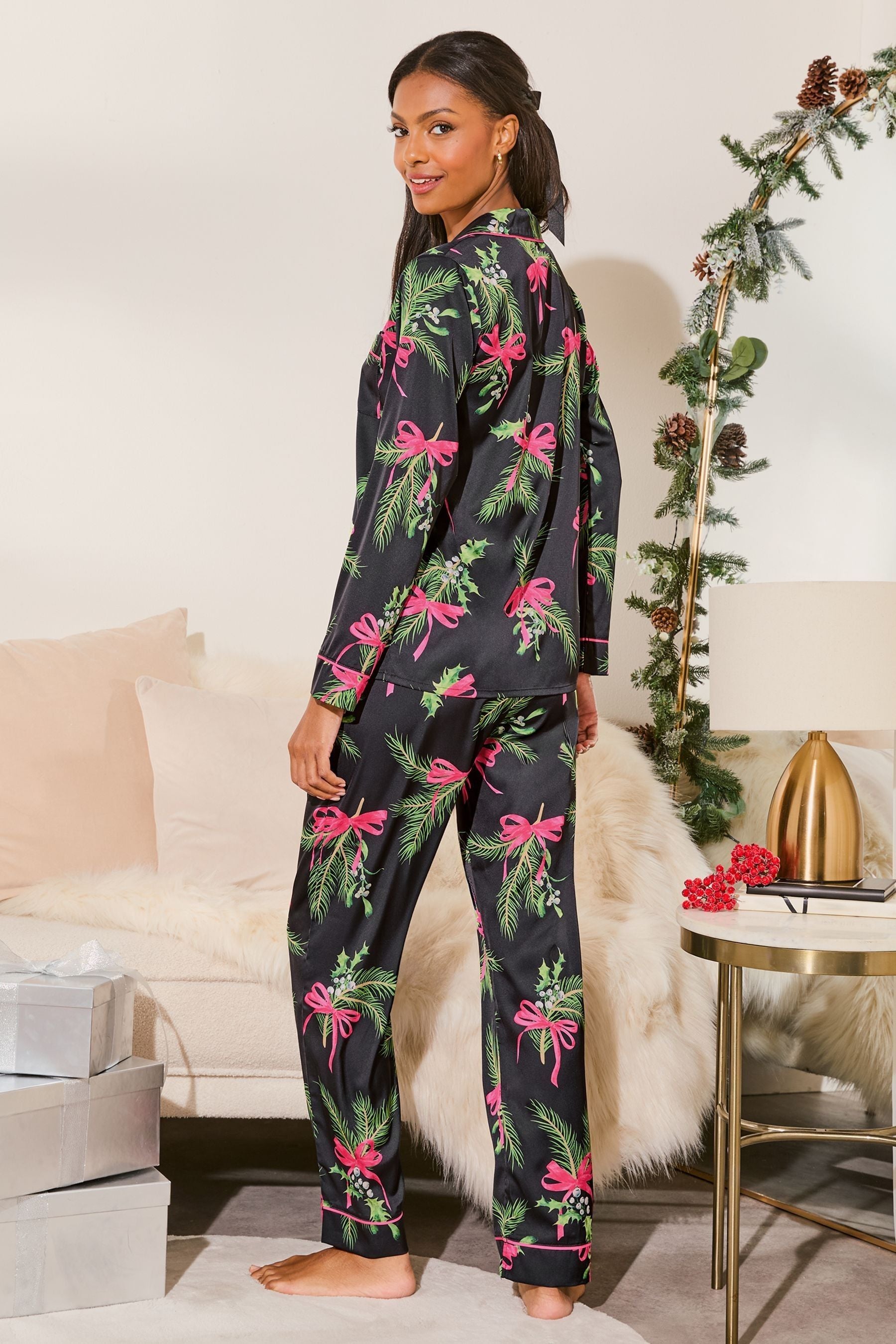 Lipsy Black Satin Long Sleeve Trousers Pyjamas