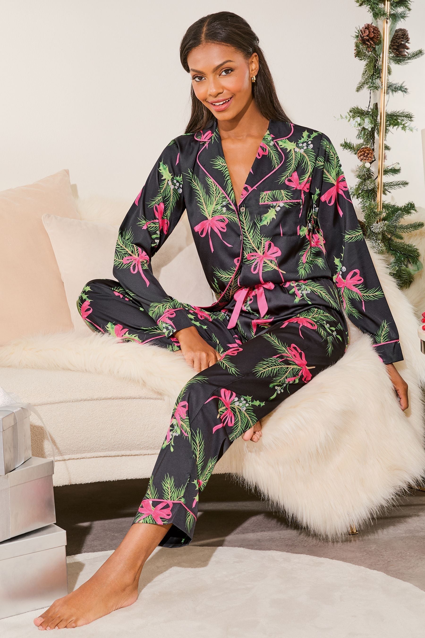 Lipsy Black Satin Long Sleeve Trousers Pyjamas