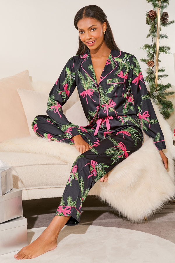 Black Satin Long Sleeve Trousers Pyjamas