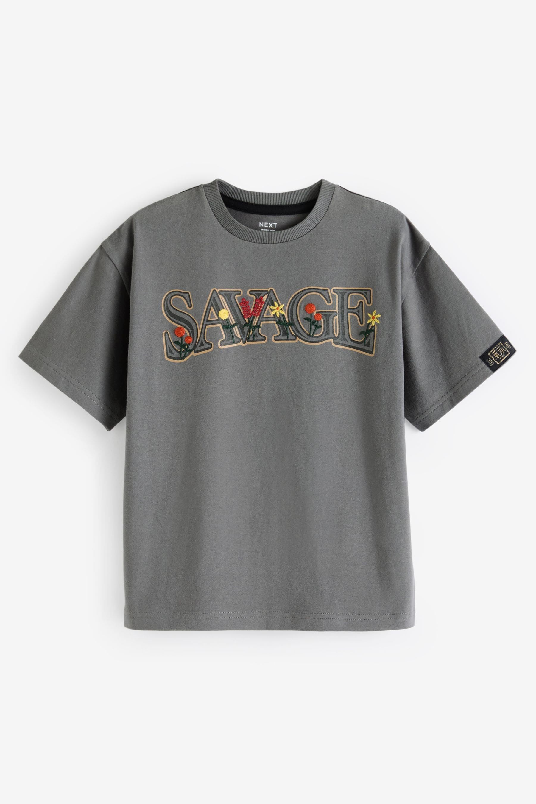 Grey Embroidery Oversized Fit Short Sleeve Graphic T-Shirt (3-16yrs)