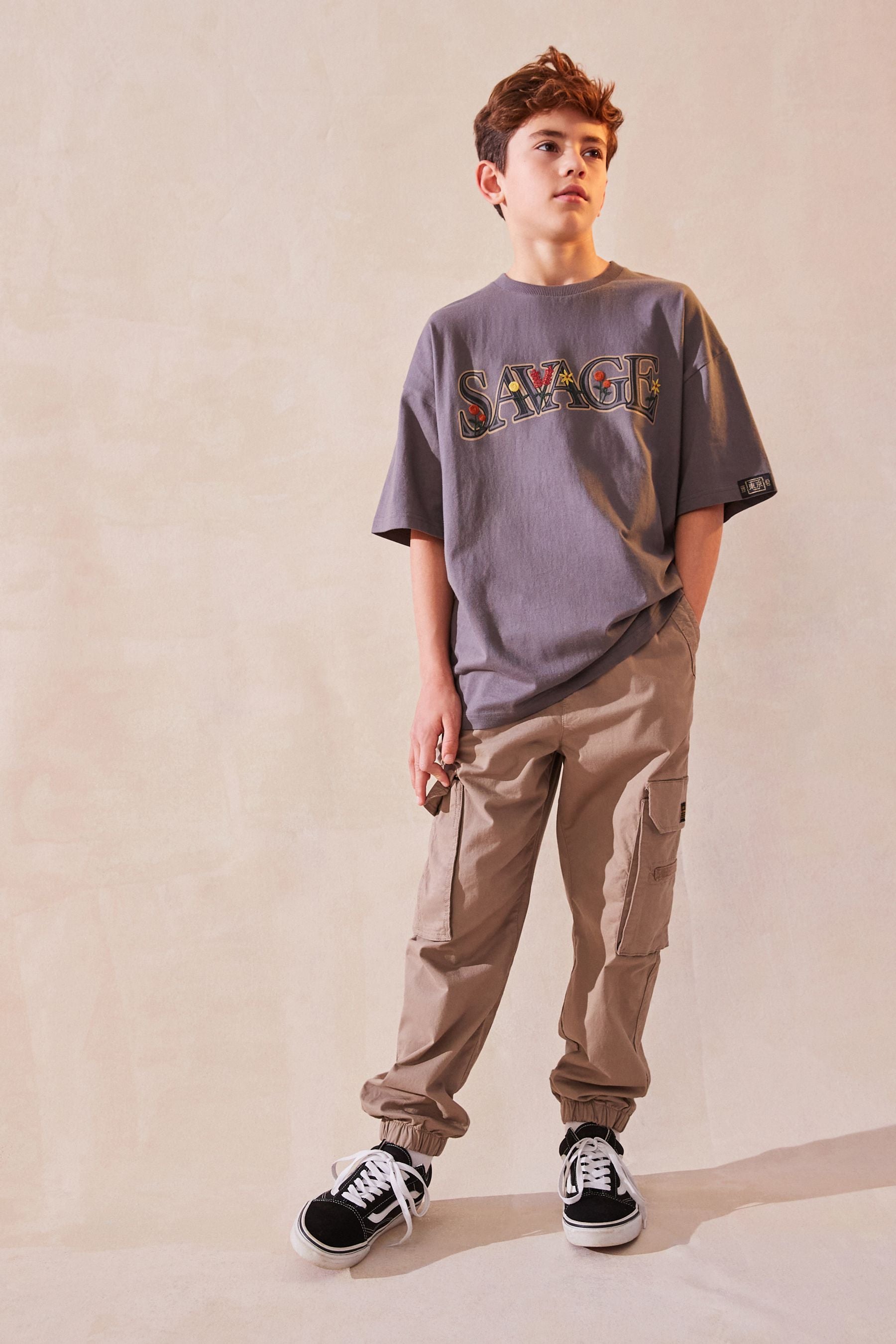 Grey Embroidery Oversized Fit 100% Cotton Short Sleeve Graphic T-Shirt (3-16yrs)