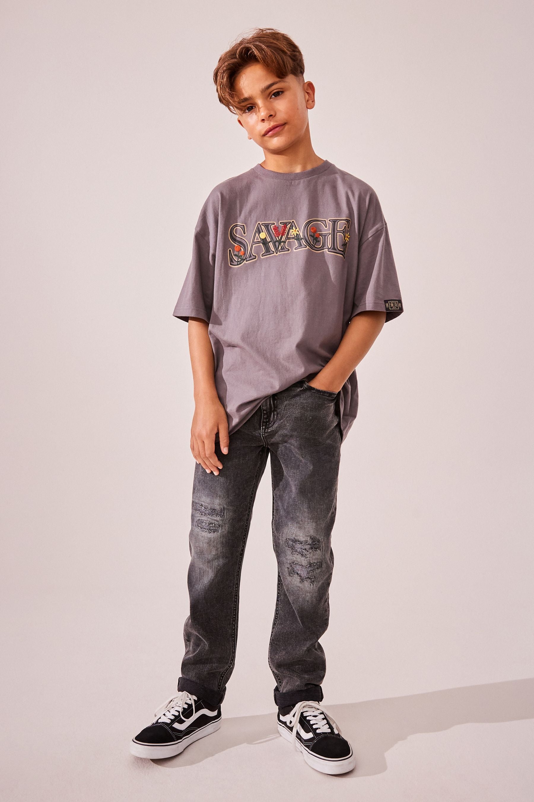 Grey Embroidery Oversized Fit 100% Cotton Short Sleeve Graphic T-Shirt (3-16yrs)