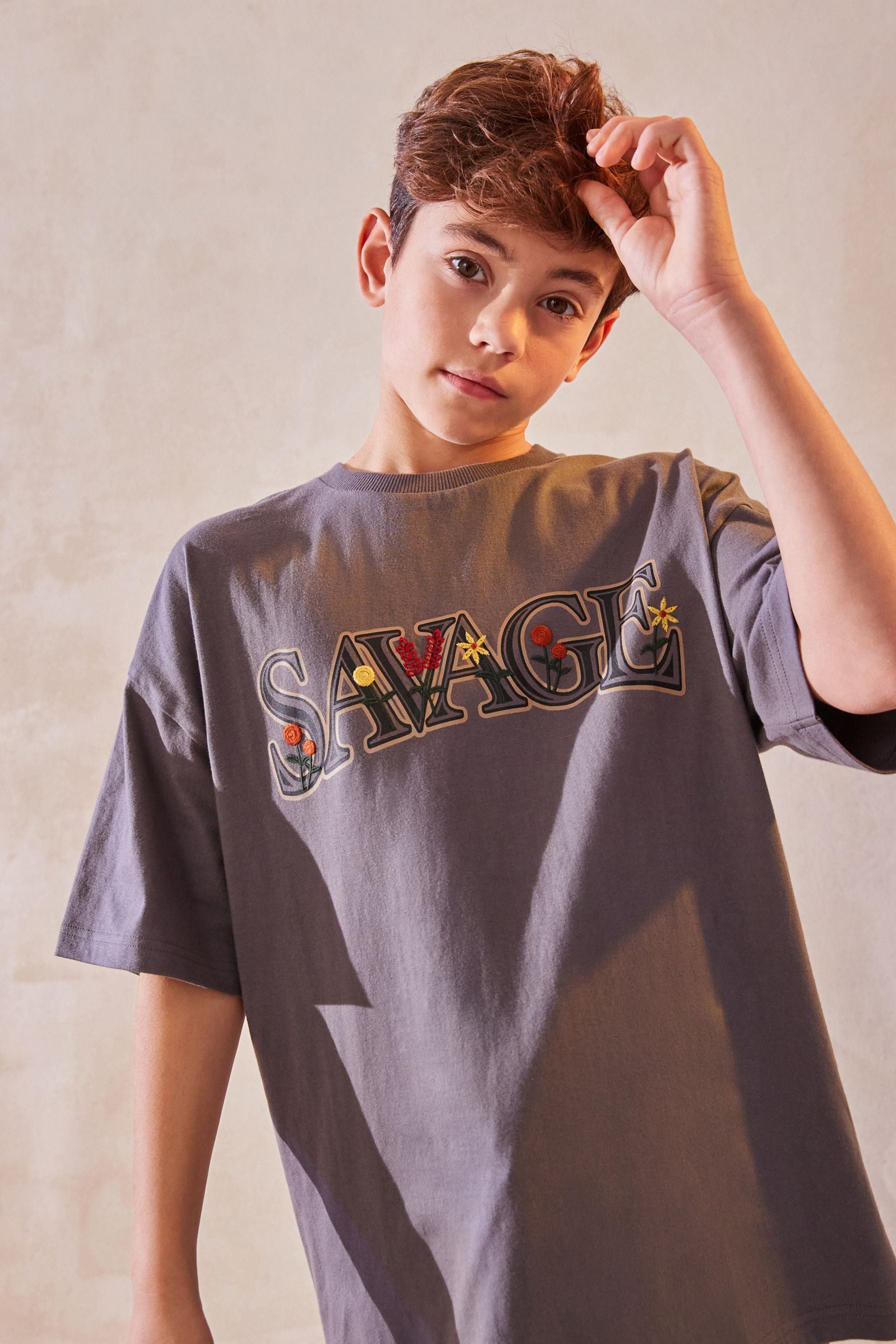 Grey Embroidery Oversized Fit 100% Cotton Short Sleeve Graphic T-Shirt (3-16yrs)