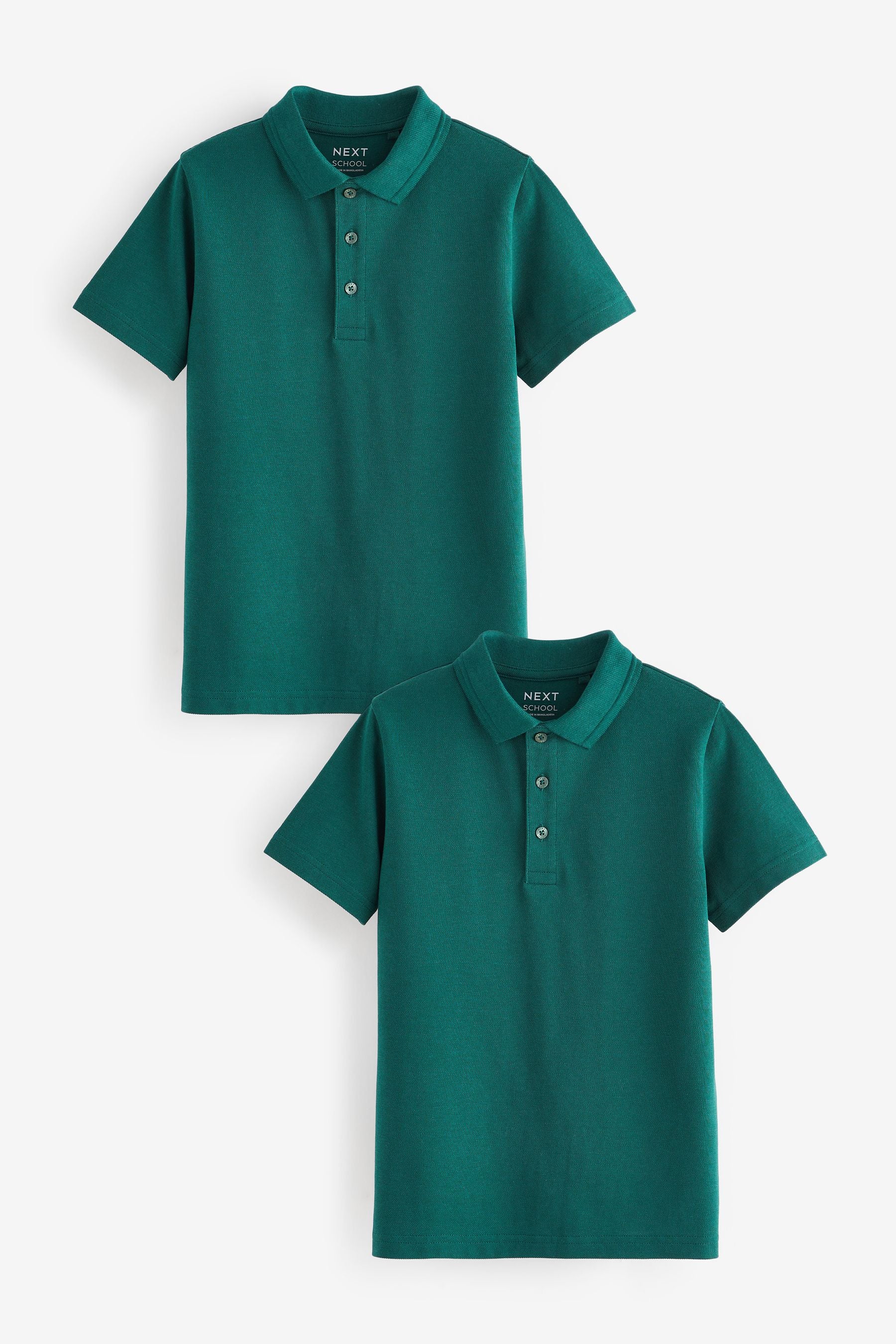 Dark Green 2 Pack Cotton School Short Sleeve 100% Cotton Polo Shirts (3-16yrs)