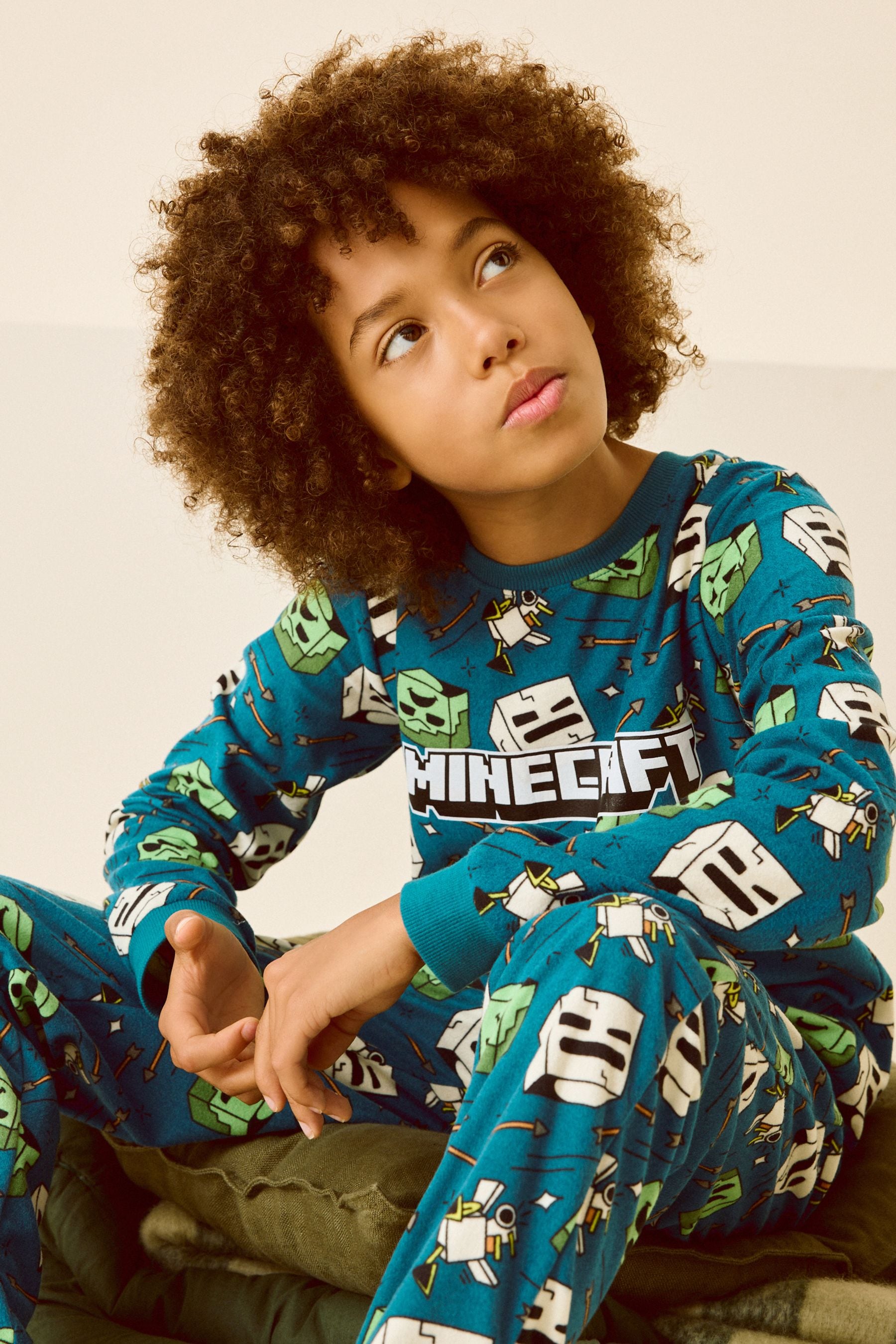 Teal Blue Minecraft Single Soft Touch Fleece Pyjamas with Elastane (5-16yrs)