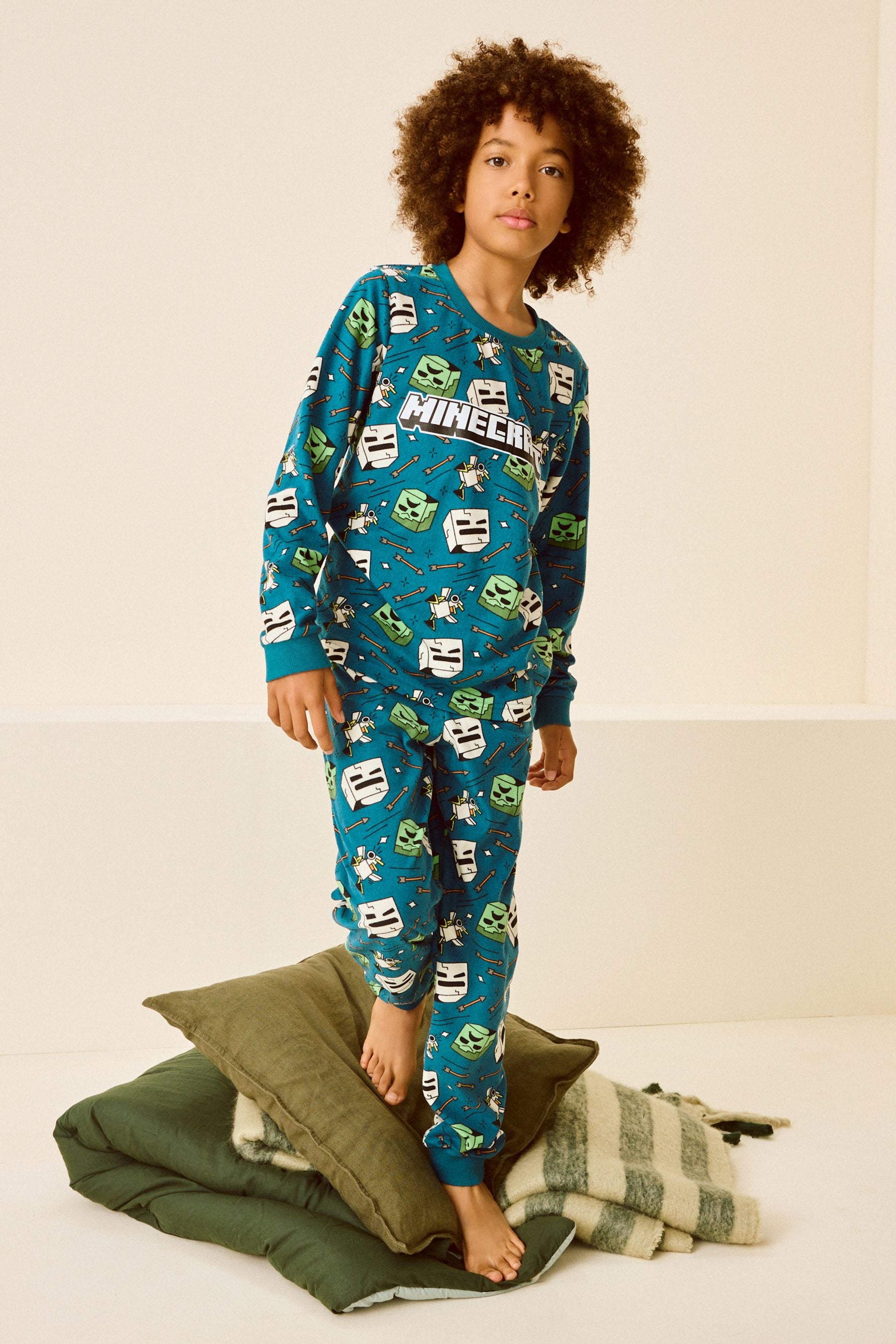 Teal Blue Minecraft Single Soft Touch Fleece Pyjamas with Elastane (5-16yrs)