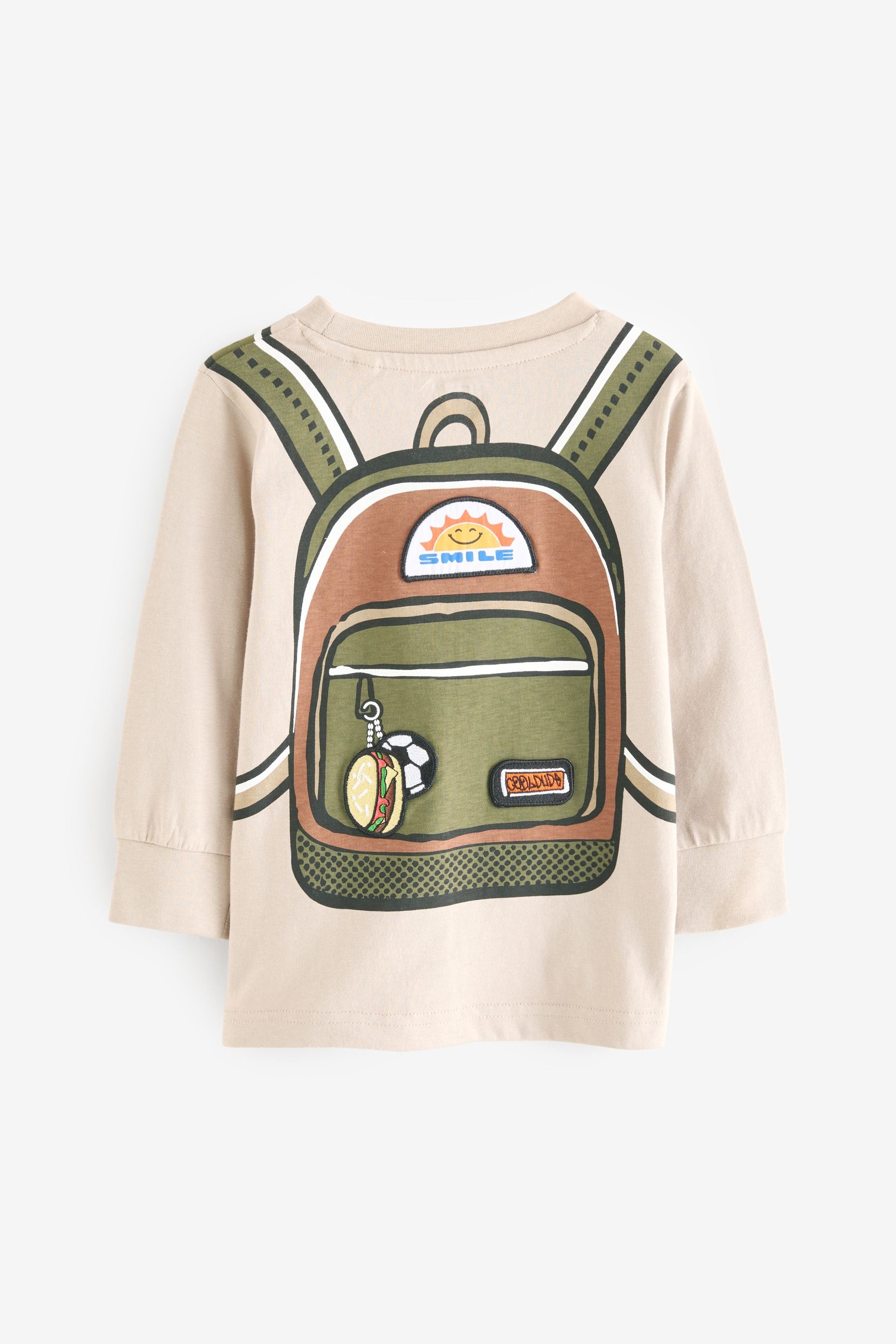 Natural Long Sleeve Printed Backpack T-Shirt (3mths-7yrs)