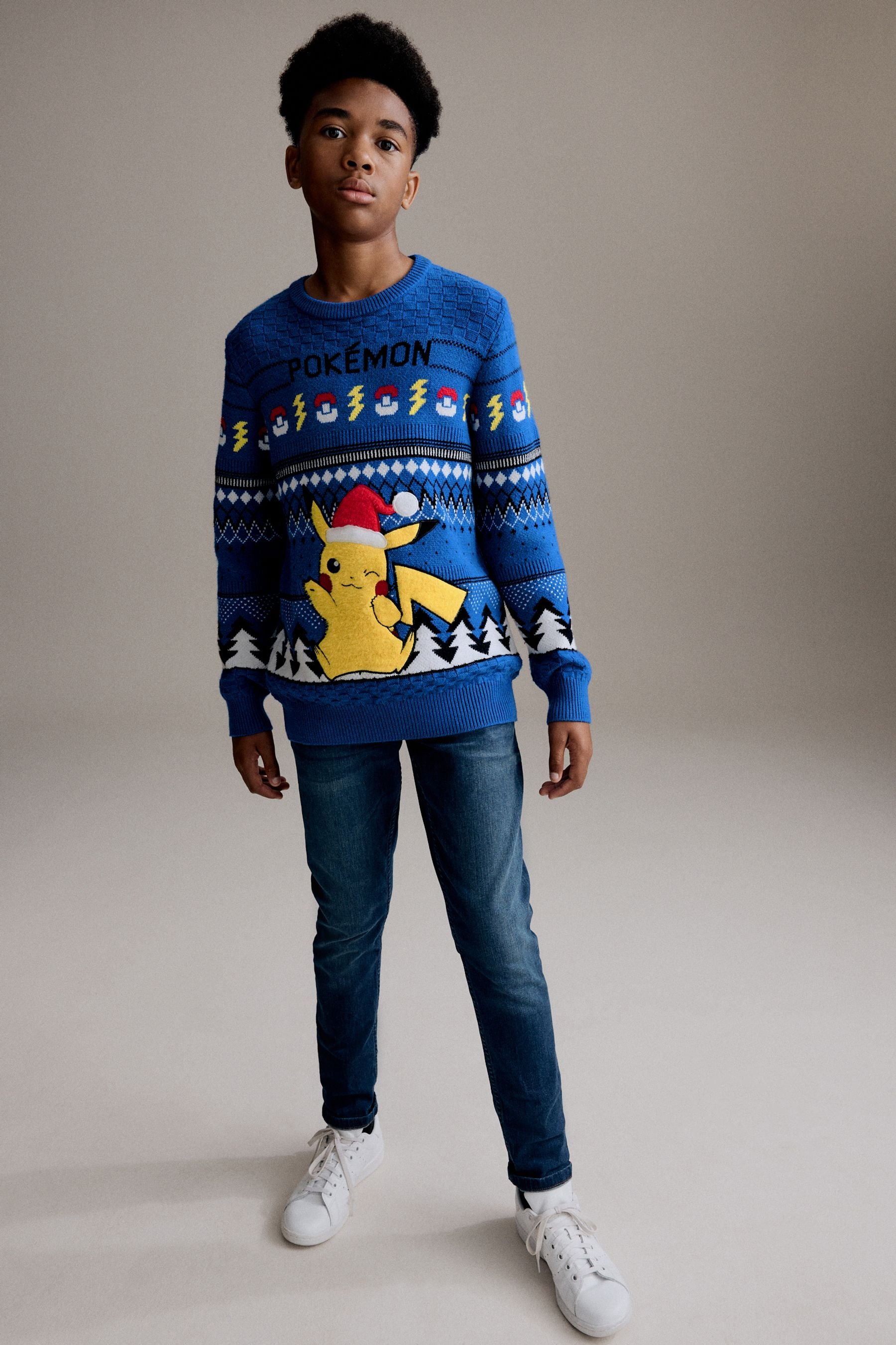 Blue Pikachu Pokemon Christmas Fairisle Pattern Crew Neck Jumper (3-16yrs)