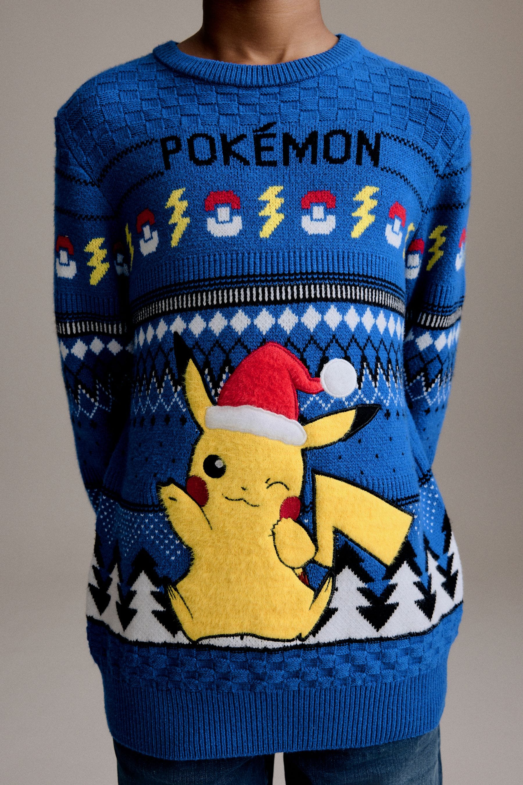 Blue Pikachu Pokemon Christmas Fairisle Pattern Crew Neck Jumper (3-16yrs)