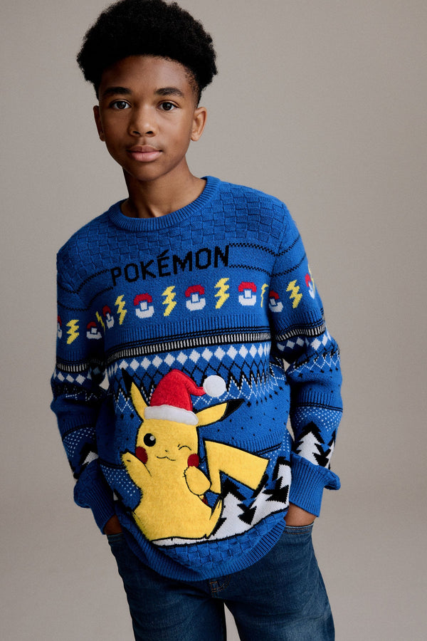 Blue Pikachu Pokemon Christmas Fairisle Pattern Crew Neck Jumper (3-16yrs)