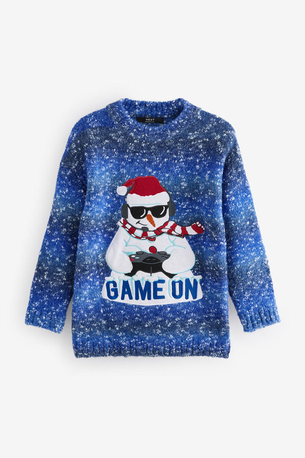 Blue Gaming Snowman 100% Cotton Christmas Jumper (3-16yrs)