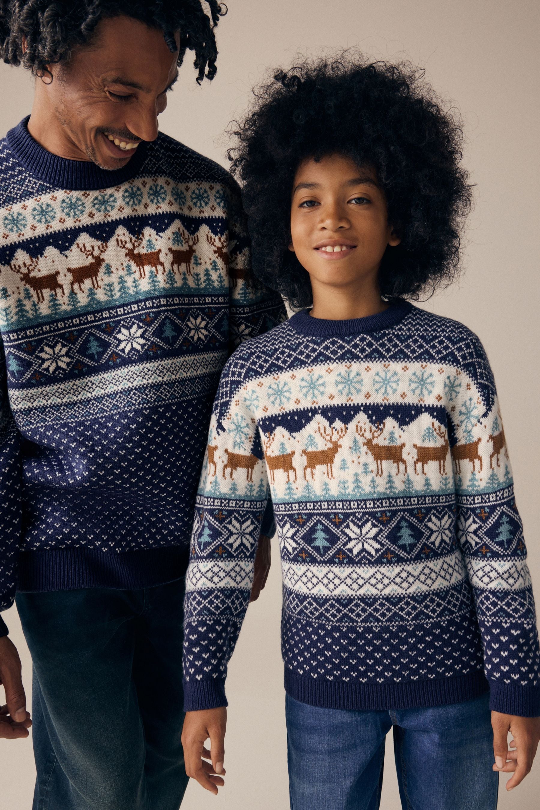 Navy Blue Boys Matching Family Christmas Fairisle Pattern Reindeer Jumper (3mths-16yrs)