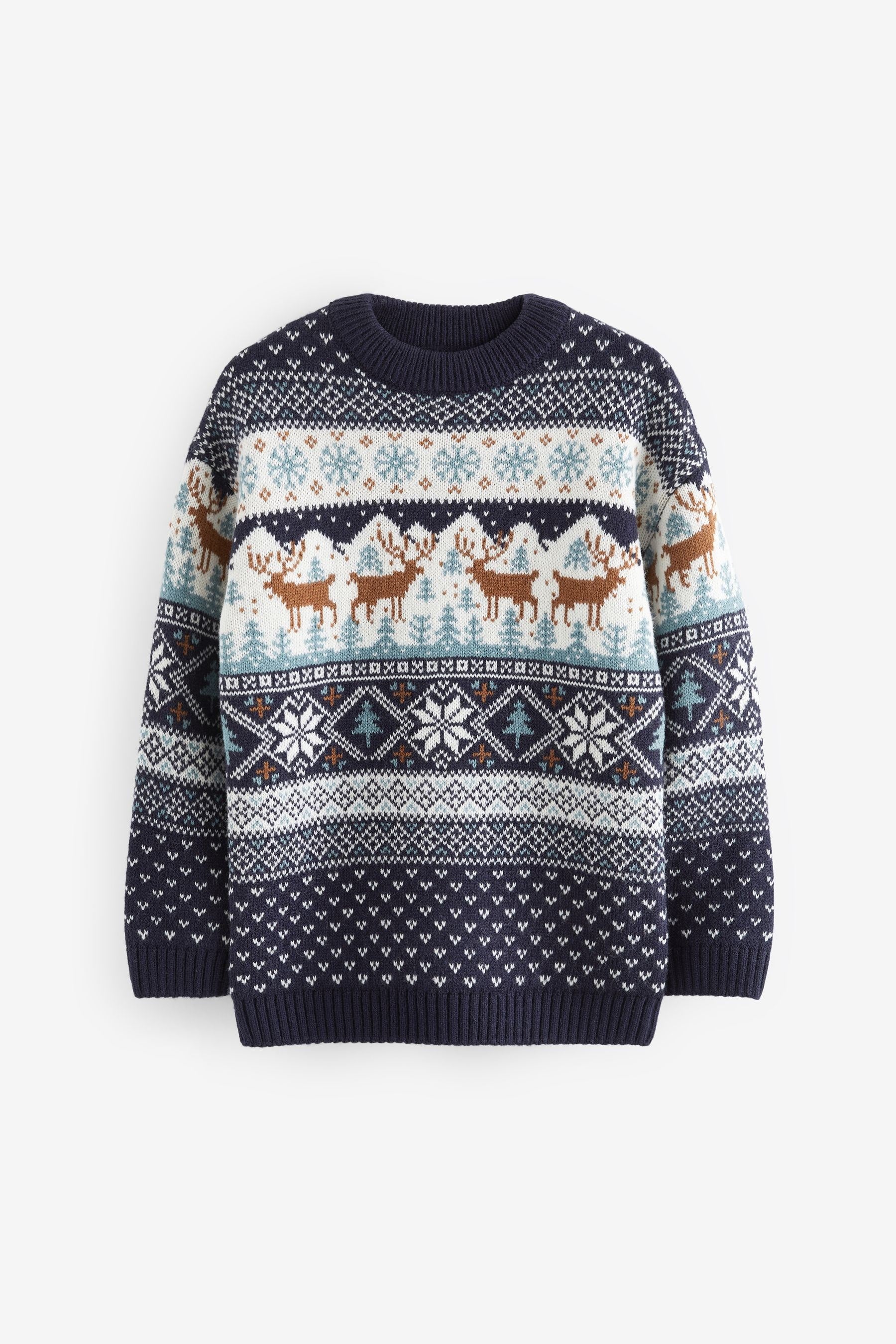 Navy Blue Boys Matching Family Christmas Fairisle Pattern Reindeer Jumper (3mths-16yrs)