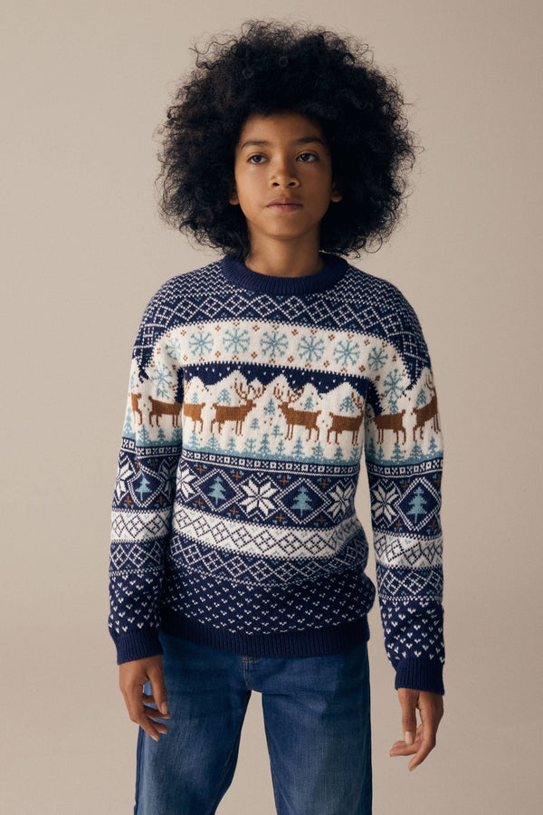 Navy Blue Boys Matching Family Christmas Fairisle Pattern Reindeer Jumper (3mths-16yrs)