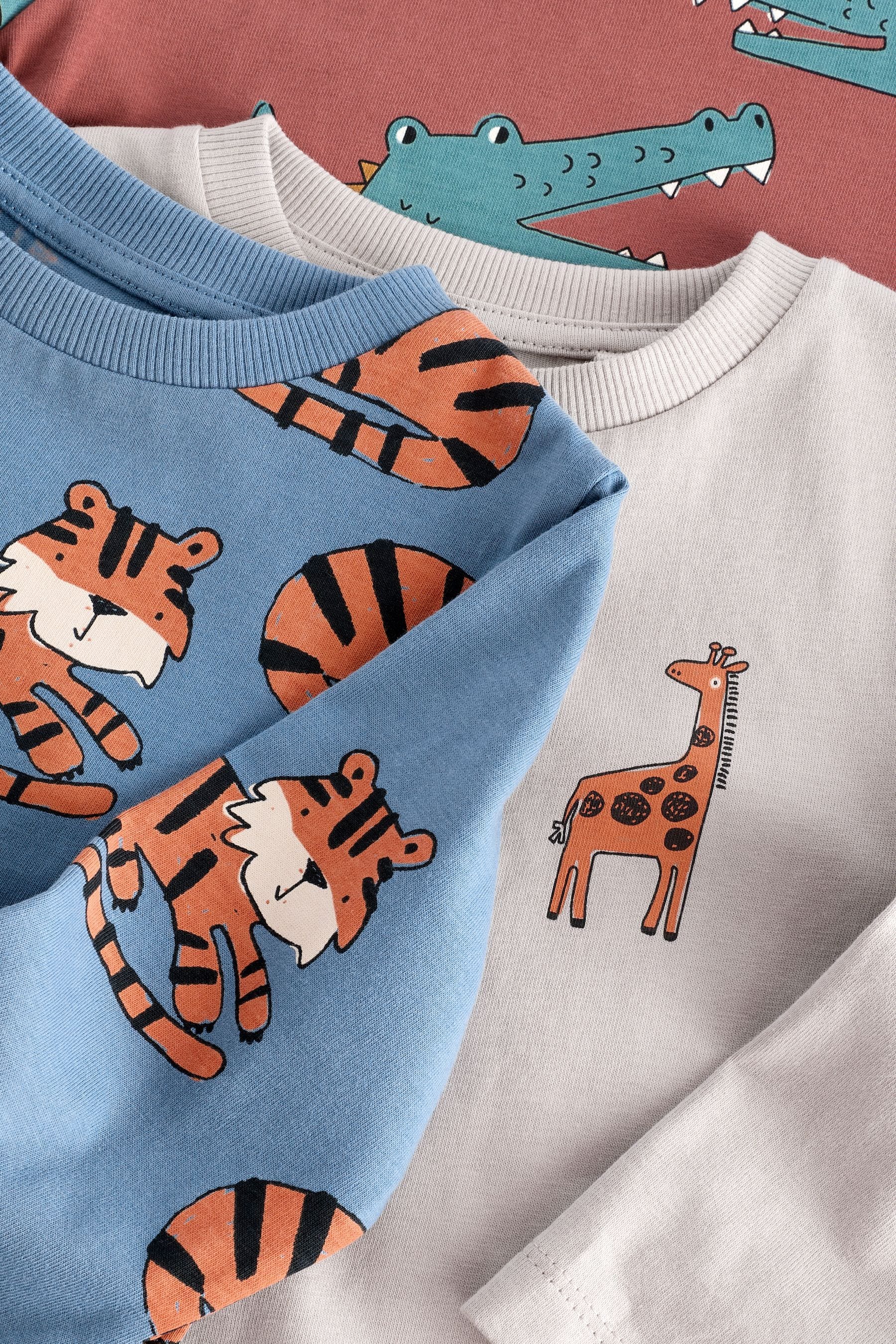 Neutral/Tan 100% Cotton Long Sleeve Animal Print Character T-Shirts 3 Pack (3mths-7yrs)