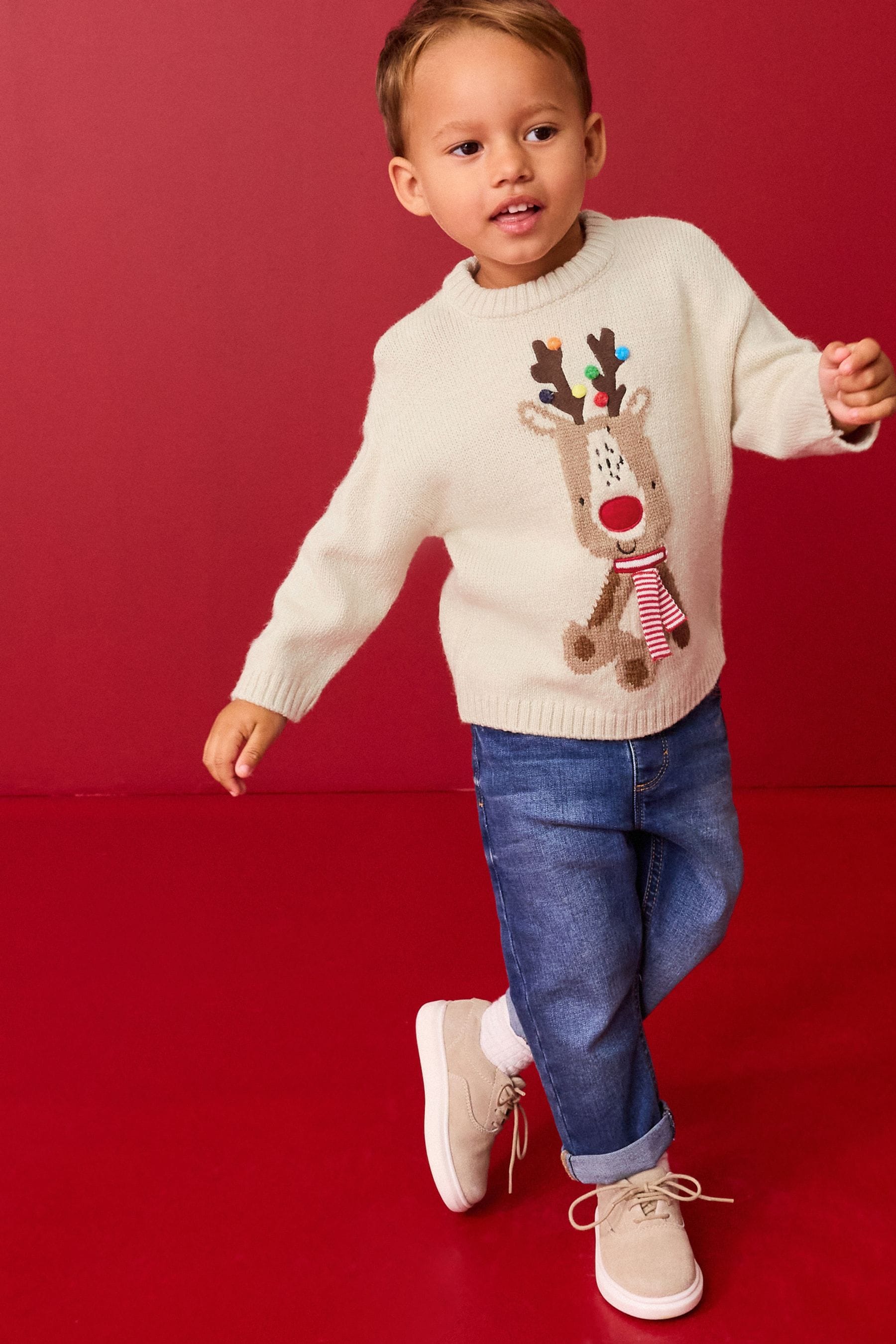 Ecru Reindeer Christmas Crew Neck Jumper (3mths-7yrs)