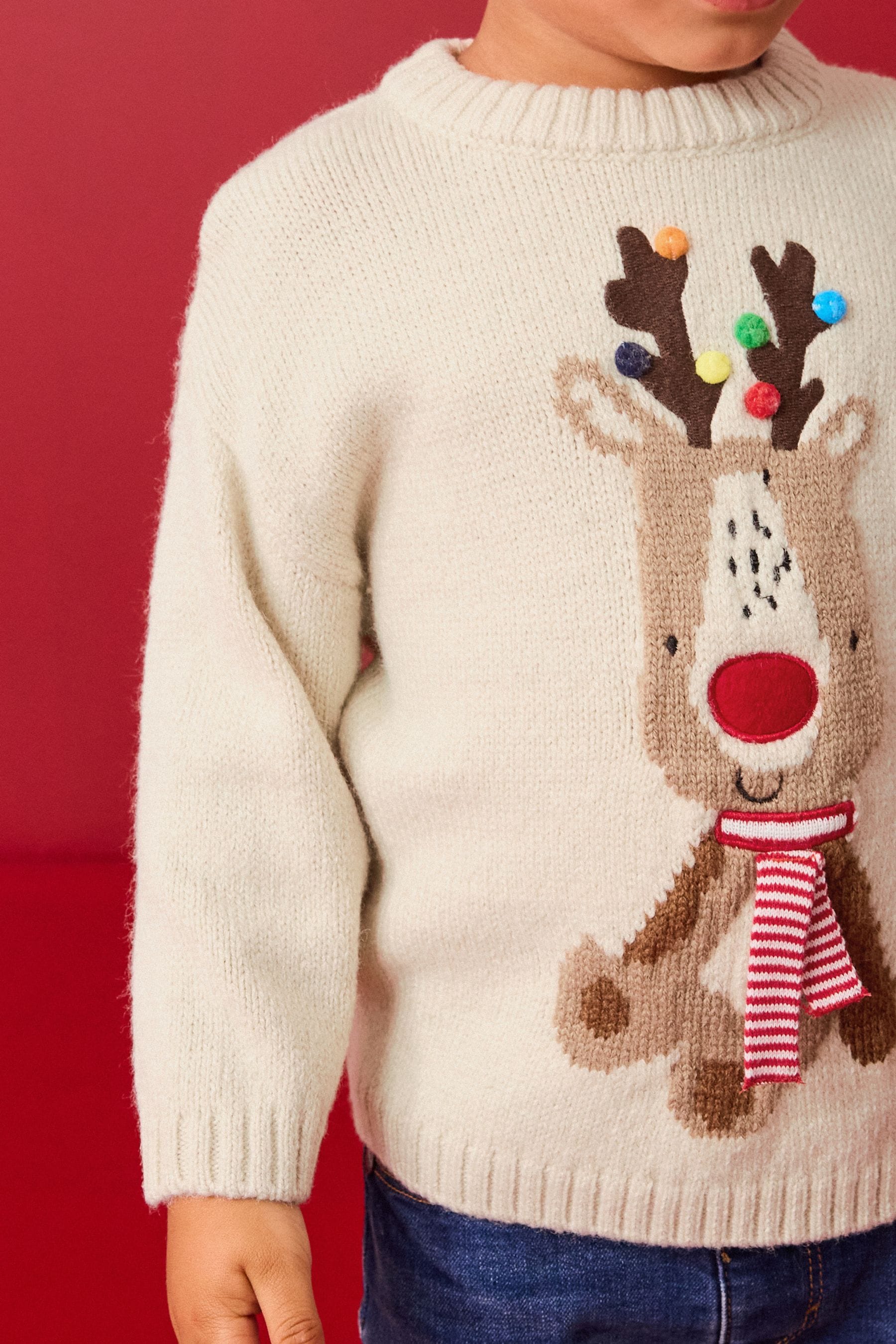 Ecru Reindeer Christmas Crew Neck Jumper (3mths-7yrs)