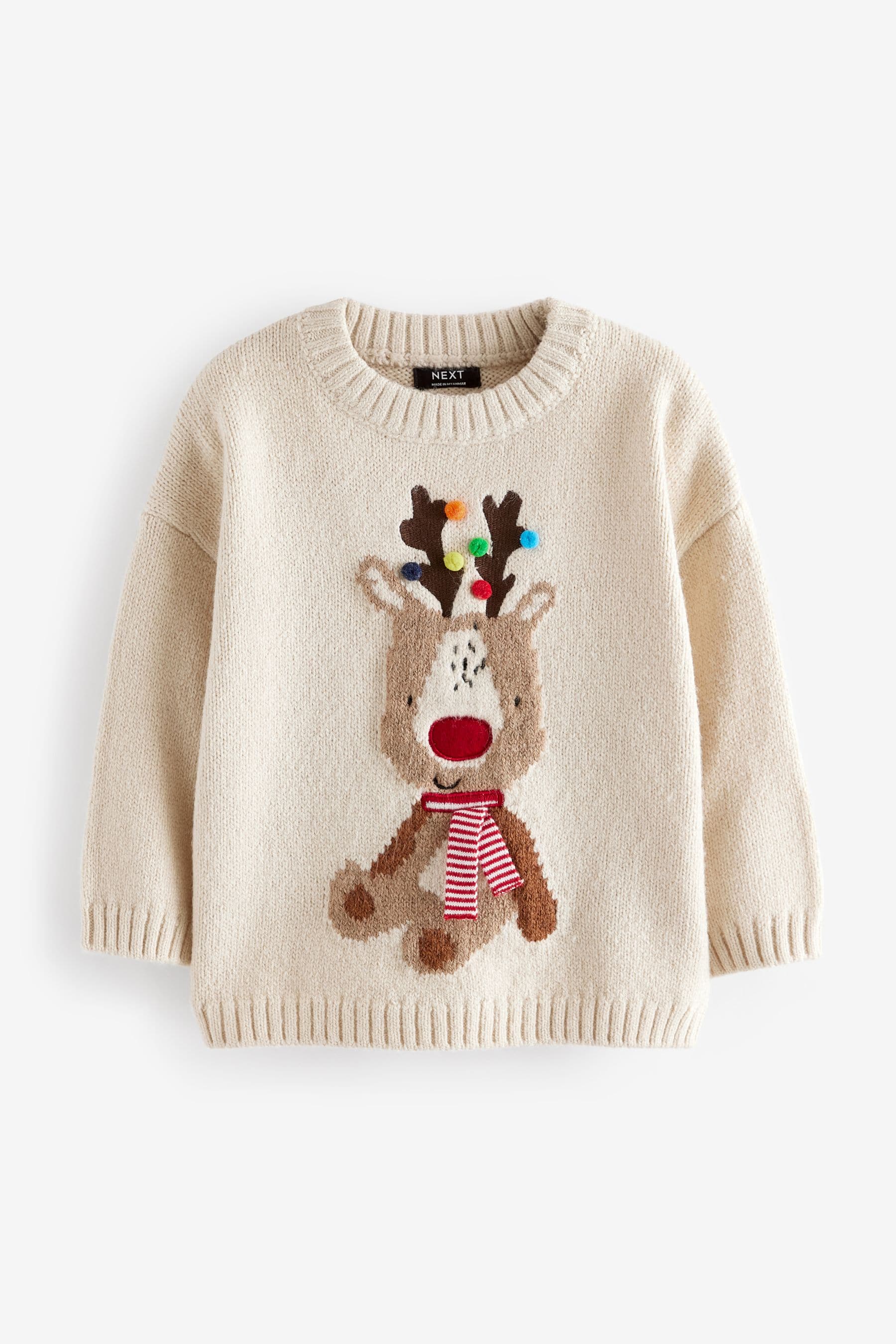 Ecru Reindeer Christmas Crew Neck Jumper (3mths-7yrs)