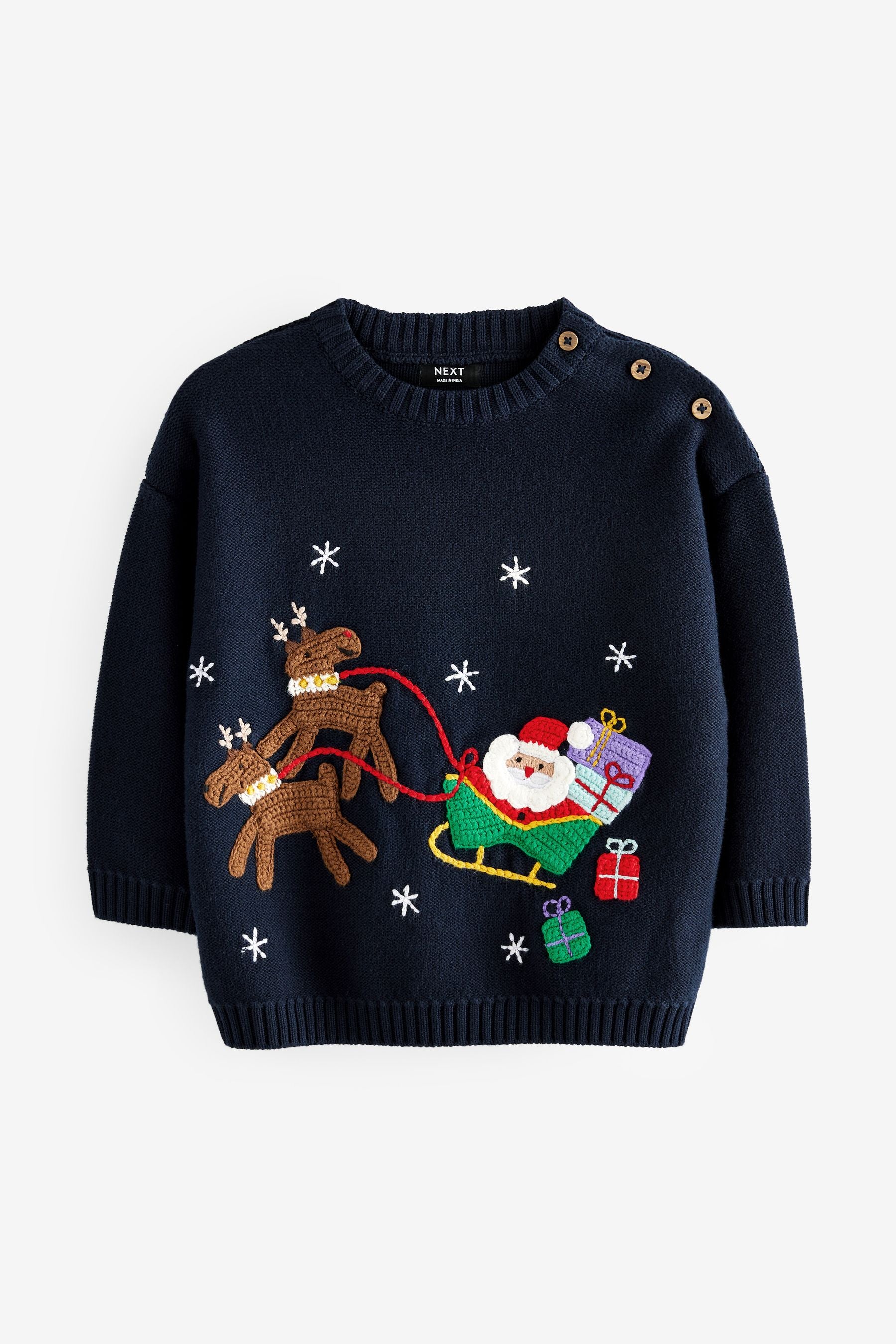 Navy Blue Santa Reindeer Sleigh 100% Cotton Christmas Jumper (3mths-7yrs)