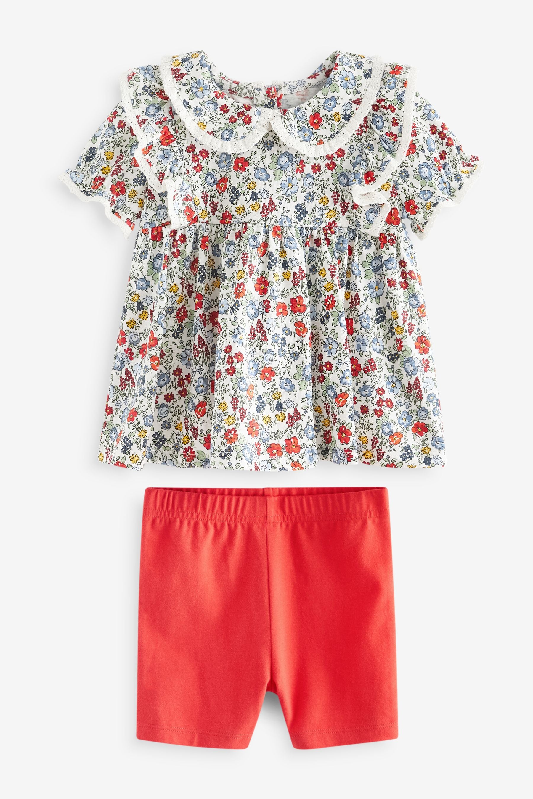 Red/Blue Ditsy Floral Short Sleeve Blouse and Cycle Shorts Set (3mths-7yrs)