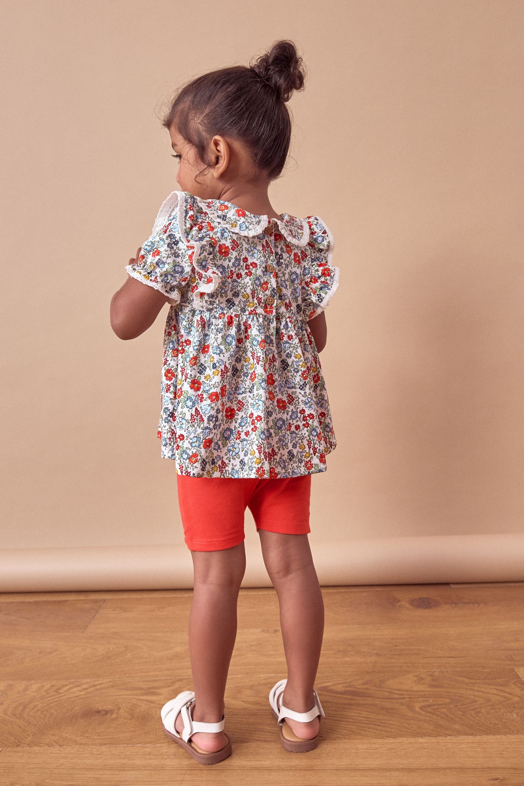 Red/Blue Ditsy Floral Short Sleeve 100% Cotton Blouse and Cycle Shorts Set (3mths-7yrs)