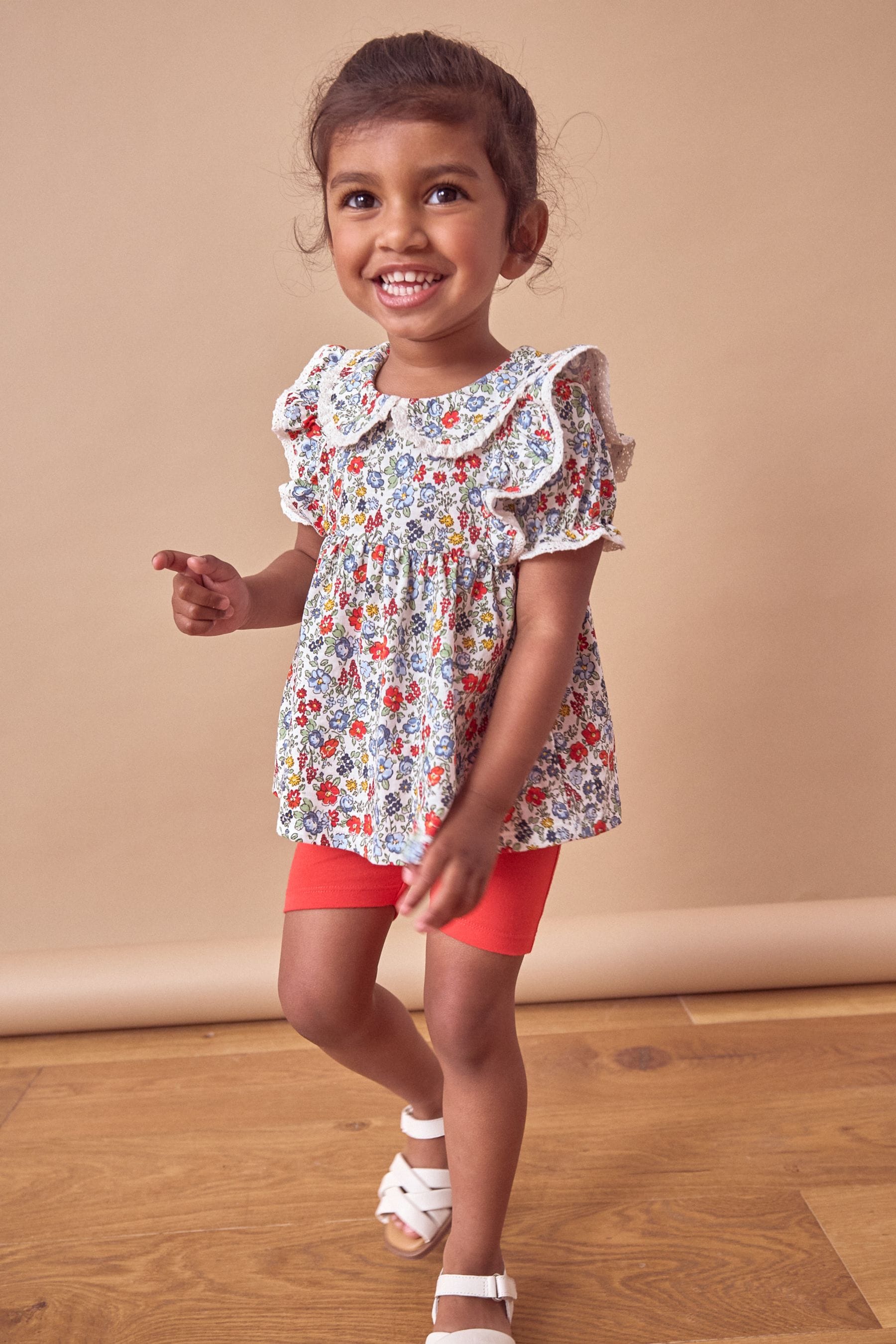 Red/Blue Ditsy Floral Short Sleeve 100% Cotton Blouse and Cycle Shorts Set (3mths-7yrs)