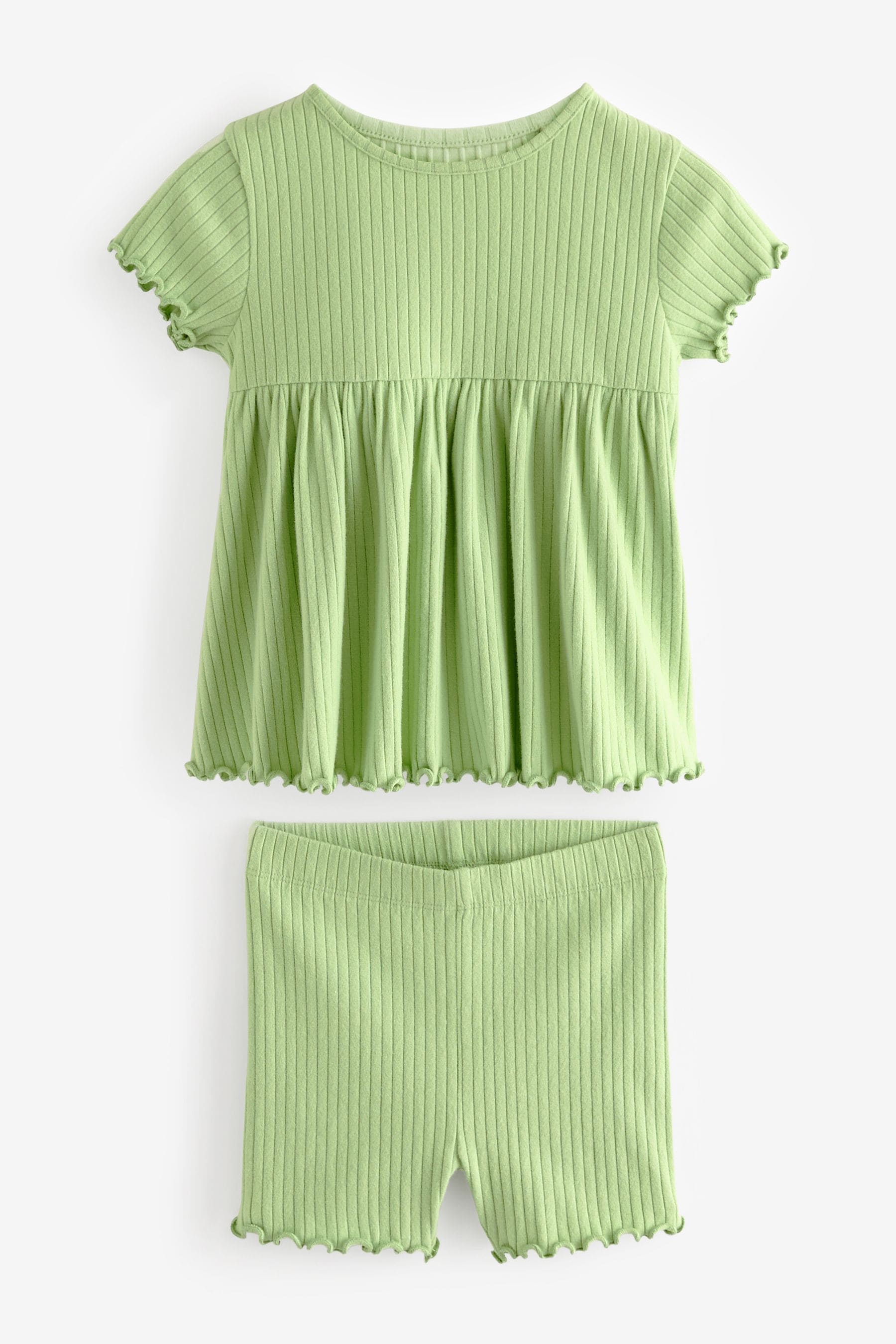 Green Ribbed Short Sleeve Peplum Top and Cycle Shorts Set (3mths-7yrs)