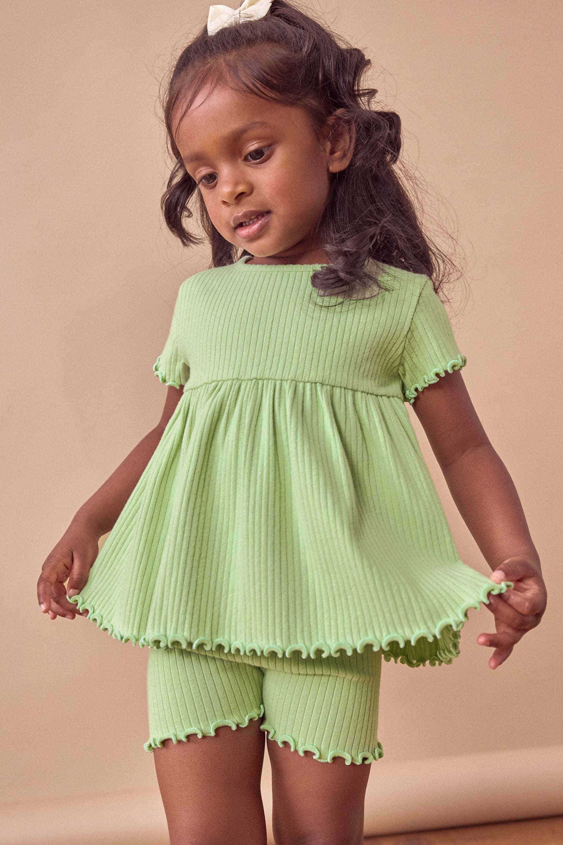 Green Ribbed Short Sleeve Peplum Top and Cycle Shorts Set (3mths-7yrs)