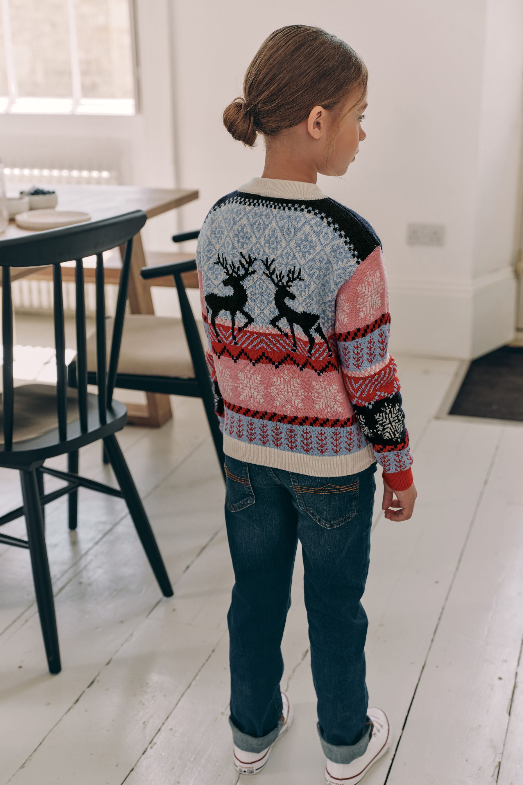 Navy Blue/Pink Matching Family Girls Christmas Fairisle Reindeer Jumper (3mths-16yrs)